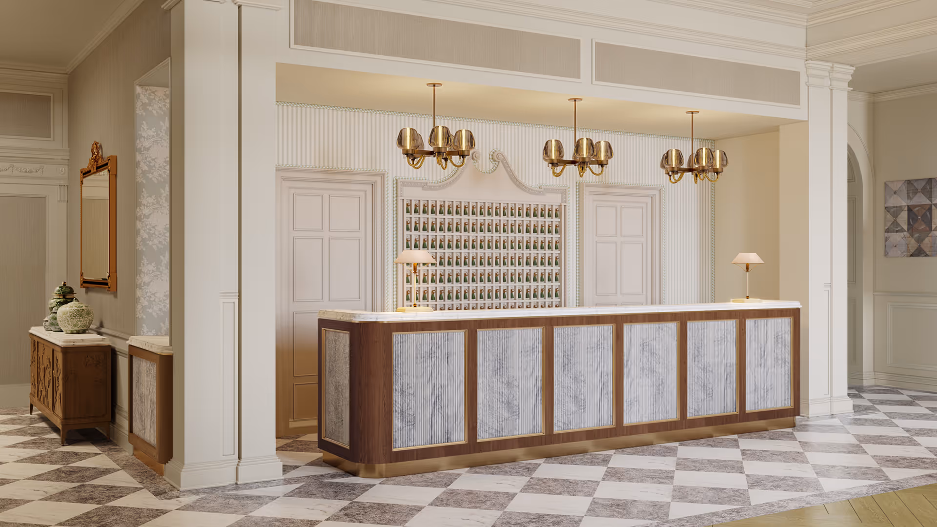 Rendering of the renovated lobby & front desk of Hotel Viking