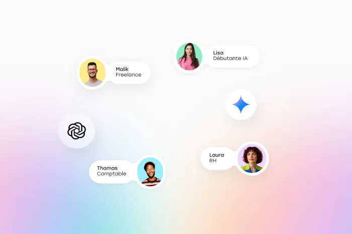 Bulles représentant nos apprenants : freelance, graphiste, etc.