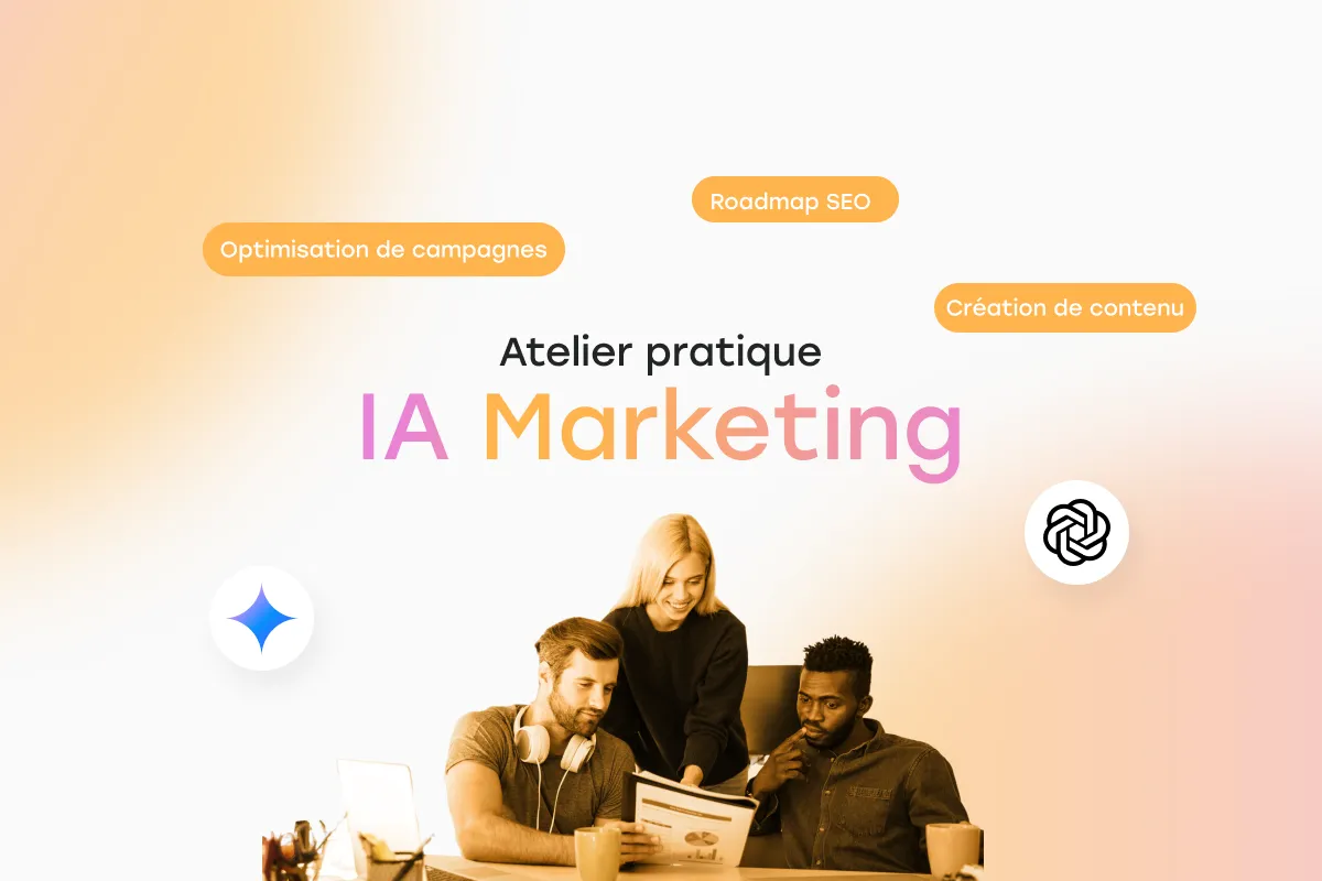 2 personnes qui échangent autour de l'intelligence artificielle et les tâches de leur quotidien marketing avec les outils Gemini et ChatGPT