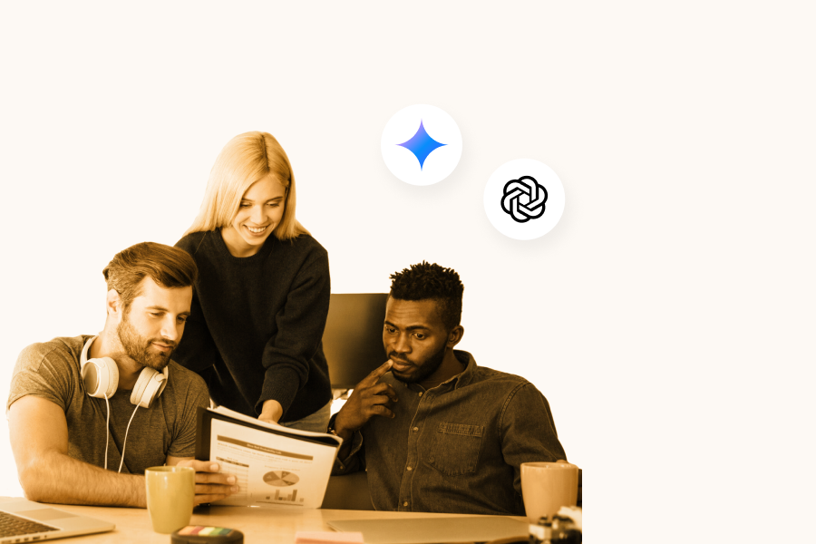 2 personnes qui échangent autour de l'intelligence artificielle et les tâches de leur quotidien marketing avec les outils Gemini et ChatGPT