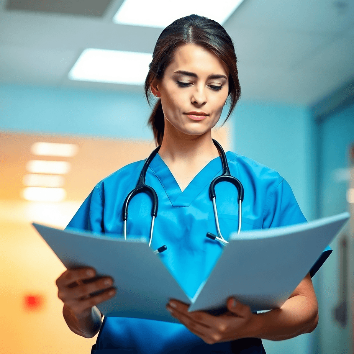Healthcare professional in scrubs reviewing medical charts with a calm, focused expression in a soft hospital setting symbolizing care and resilience.
