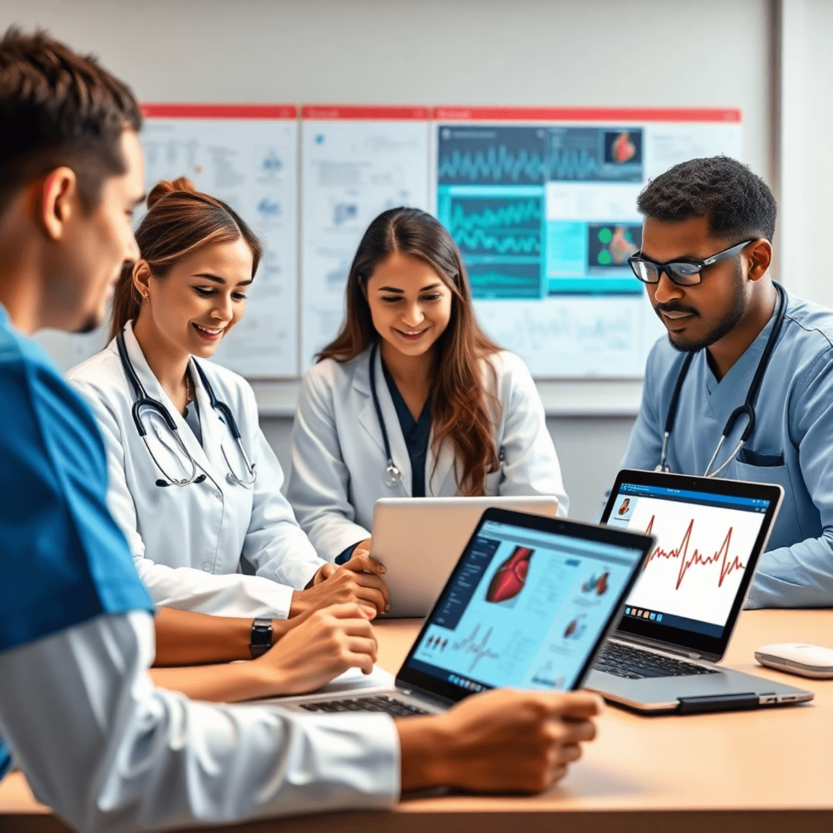 Medical professionals in a healthcare setting participating in an online ACLS certification course with laptops, tablets, charts, and heart monitor graphics.