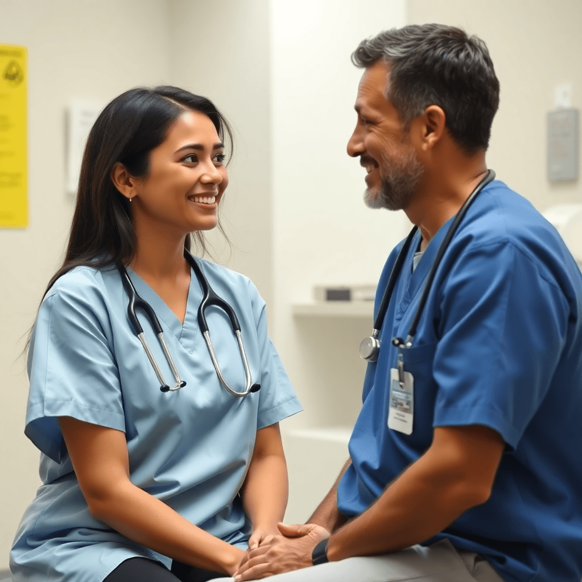 Healthcare professional calmly speaking with a patient in a clinical setting, symbolizing trust and effective communication.