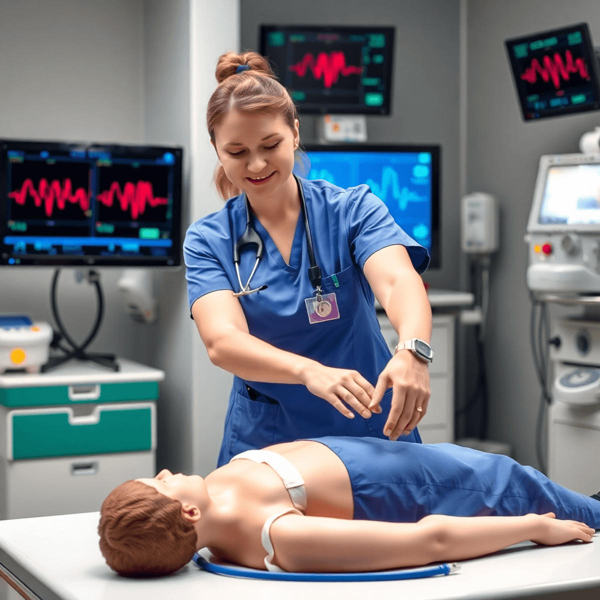 A nurse in scrubs performing advanced cardiovascular life support on a medical mannequin in a clinical training room with medical equipment and monitors.