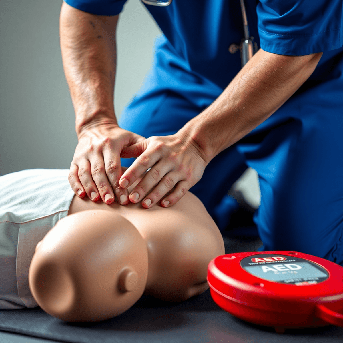 Close-up of a healthcare provider performing CPR on an adult manikin with an AED device nearby, illustrating emergency response and BLS training.