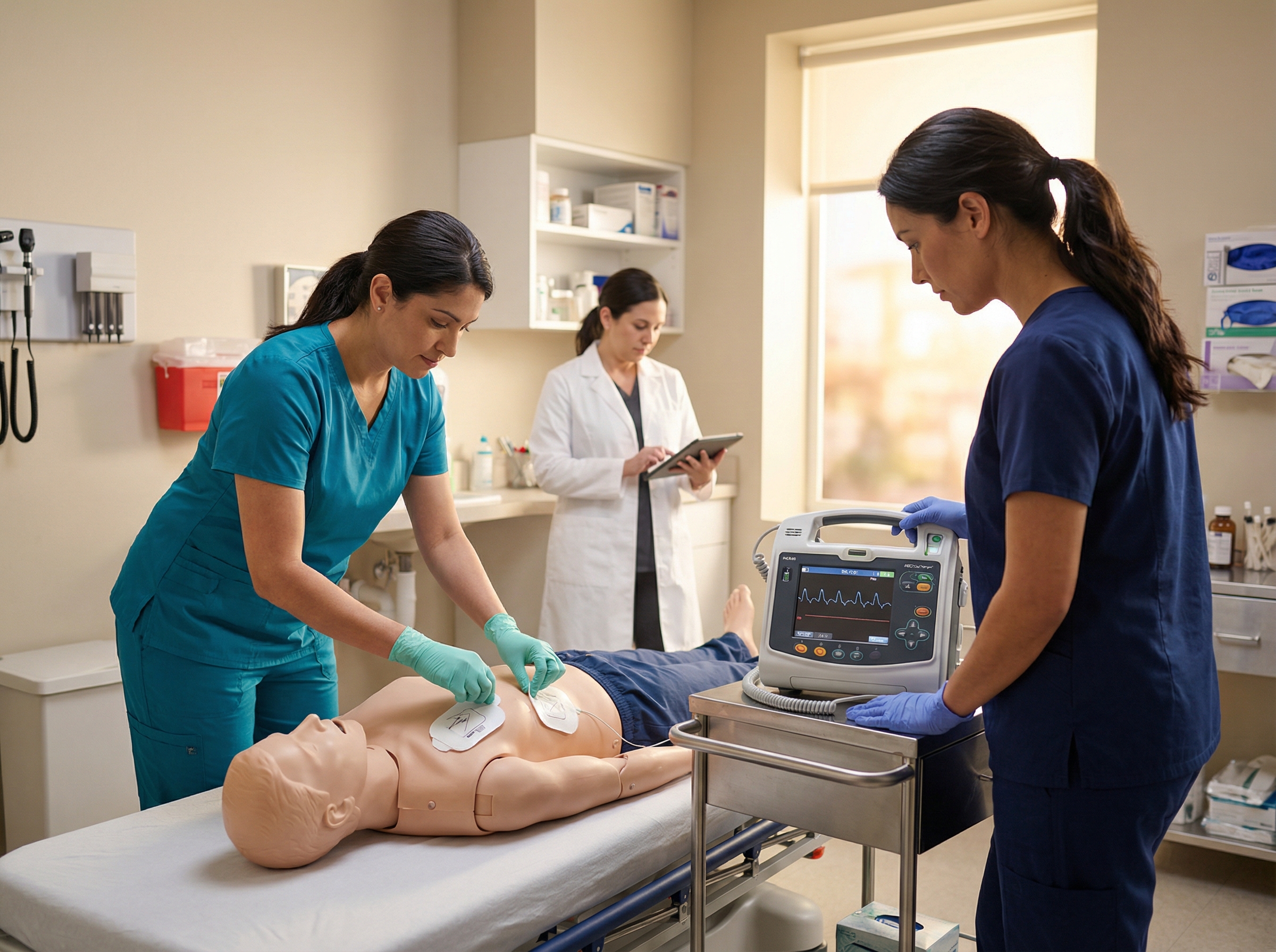 Medical professional using automated external defibrillator in urgent care setting