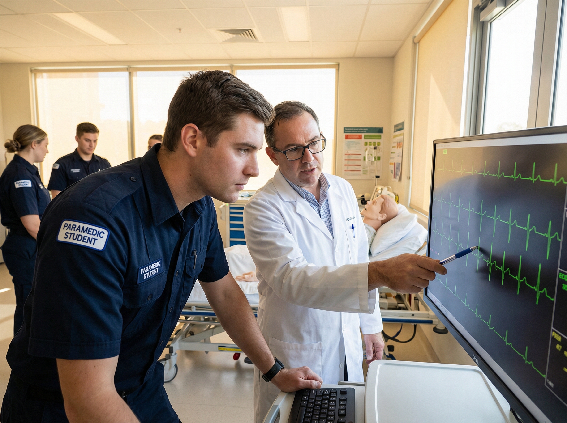Paramedic student learning ECG interpretation with instructor