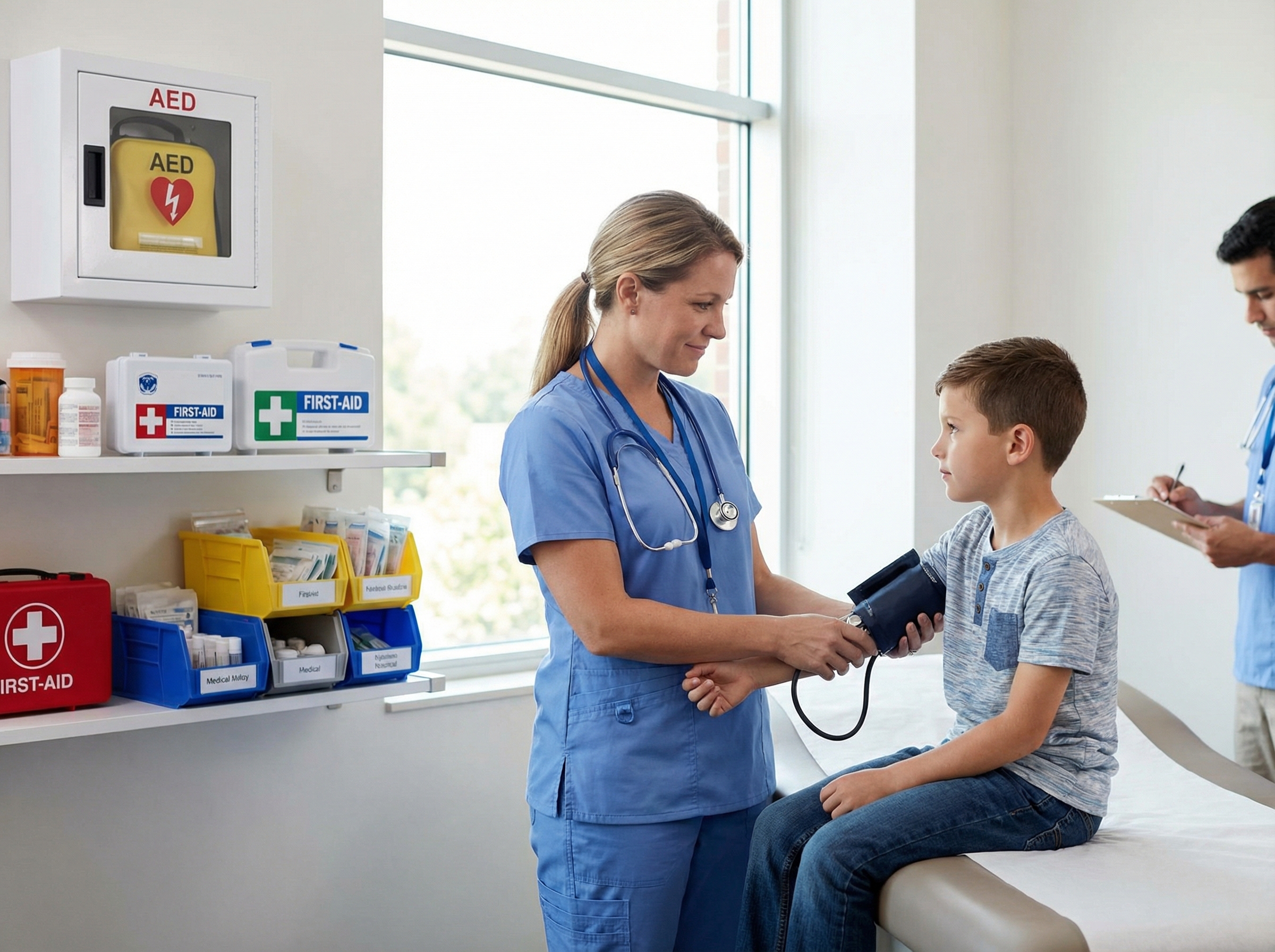 School nurse assessing student in health office