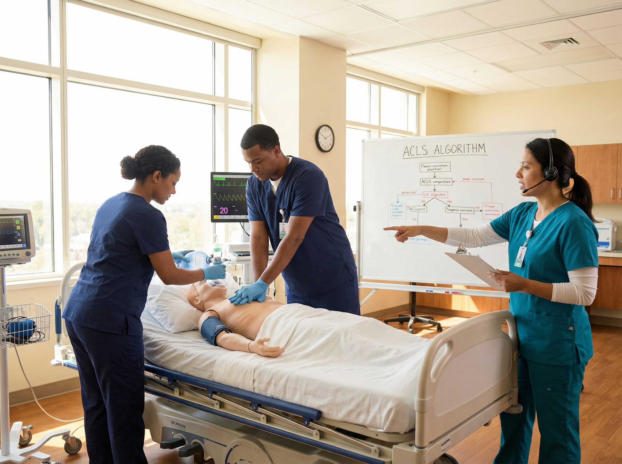 Healthcare team demonstrating coordinated ACLS resuscitation with clear communication