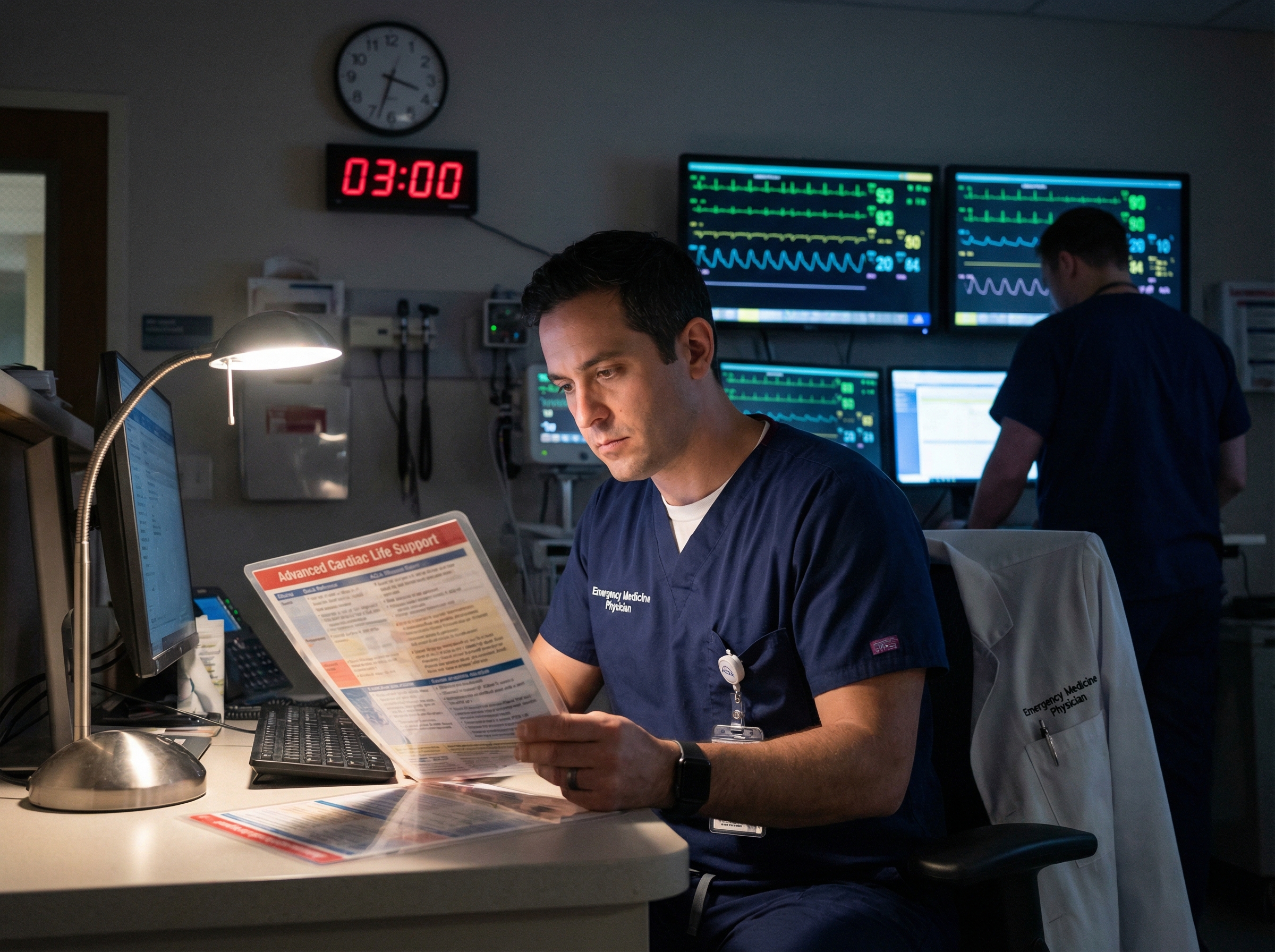 Night shift emergency physician reviewing ACLS quick reference card