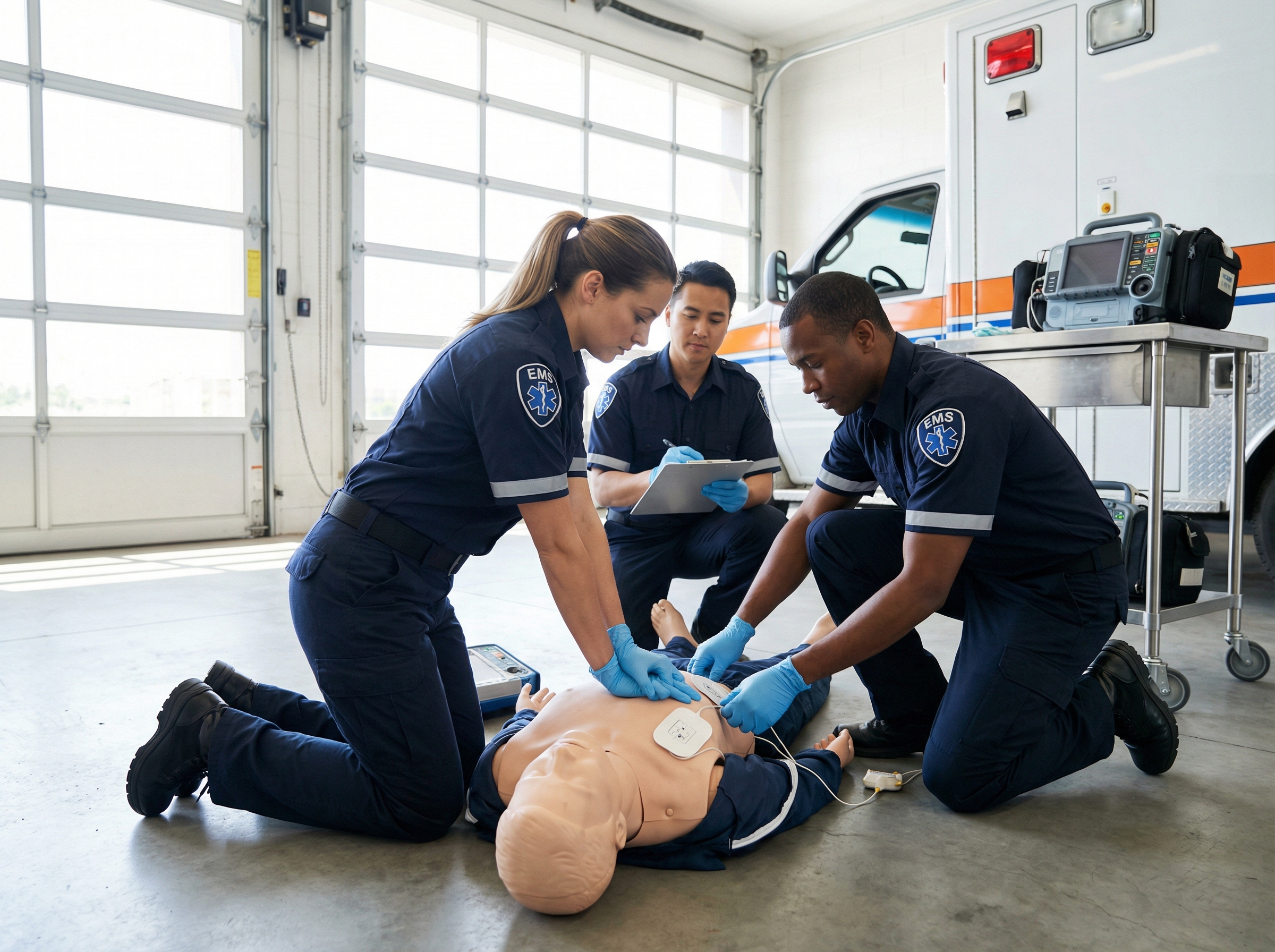 EMS team practicing ACLS cardiac arrest protocols on training mannequin