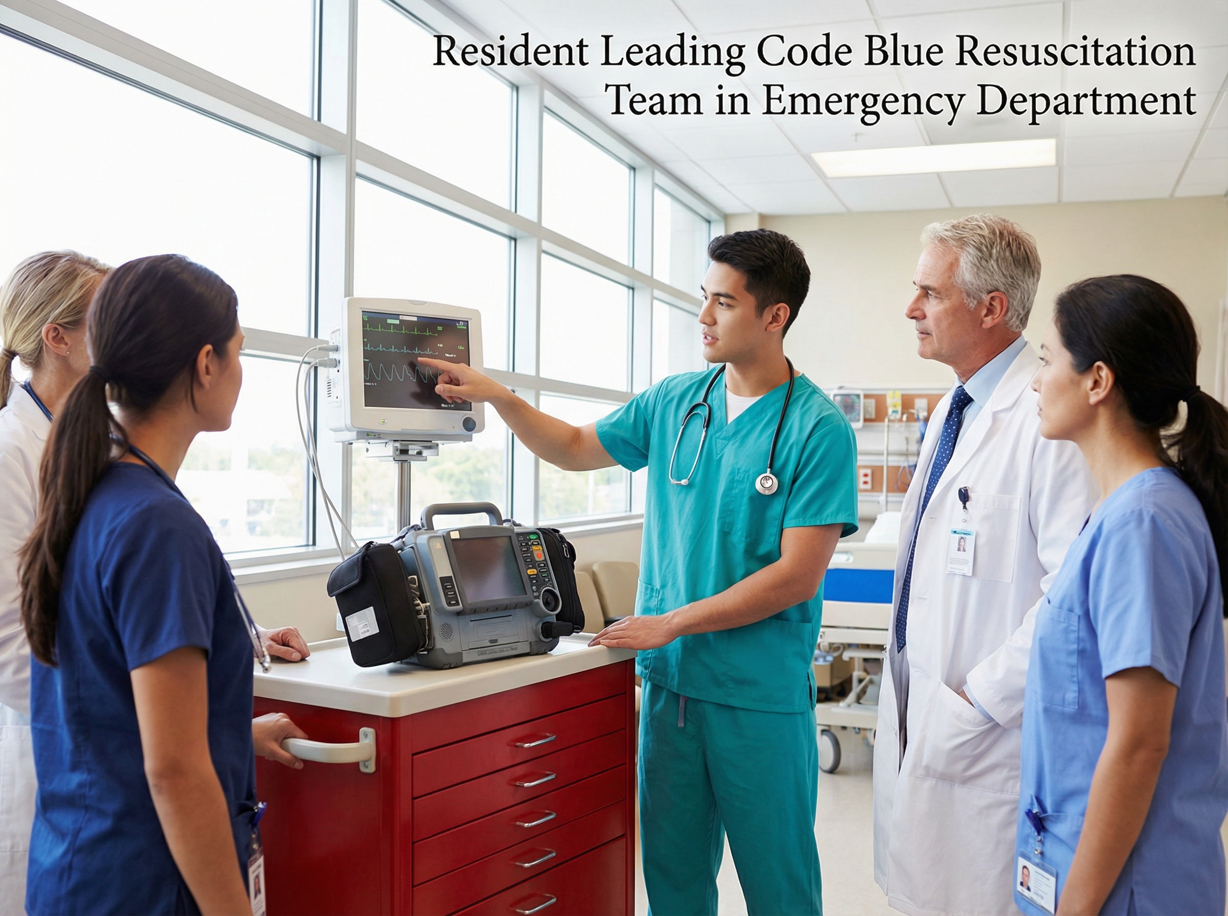 Resident leading code blue resuscitation team in emergency department