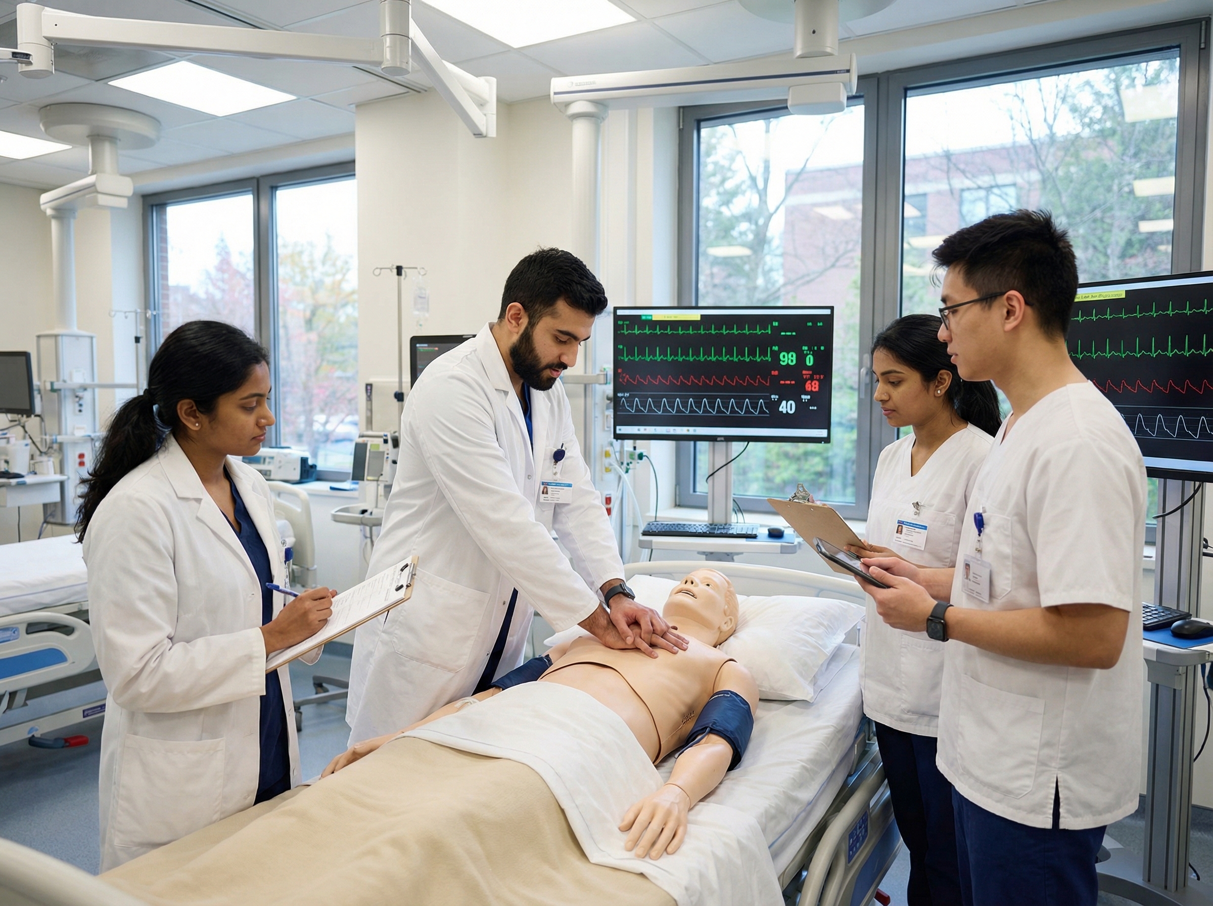 Medical students practicing ACLS skills on training mannequin in simulation lab
