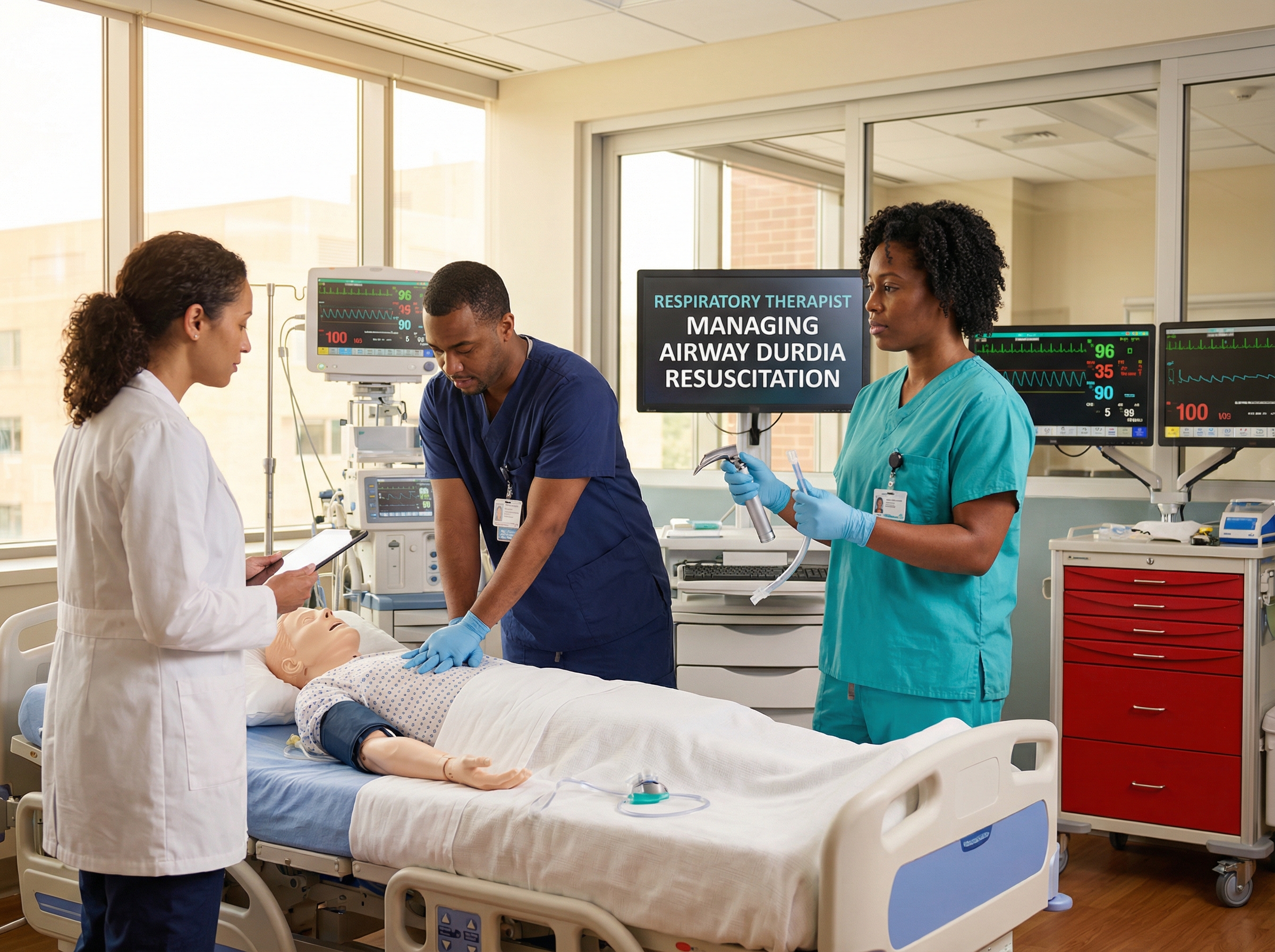 Respiratory therapist managing airway during cardiac resuscitation
