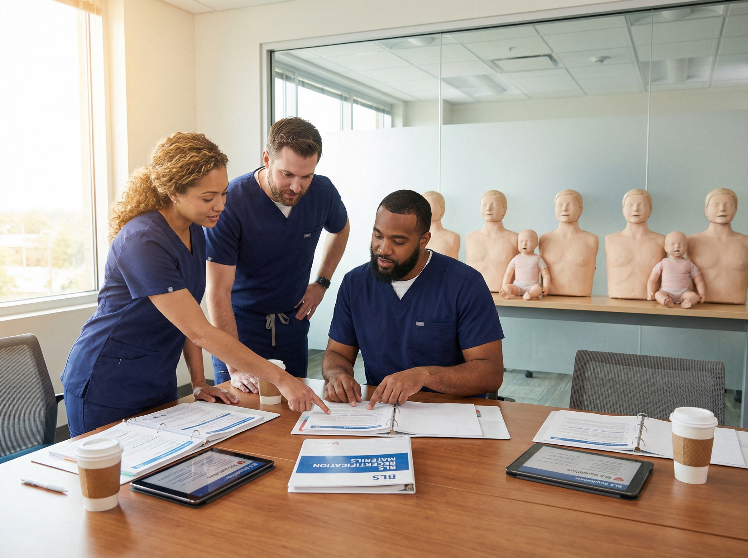 Healthcare professionals studying BLS recertification materials