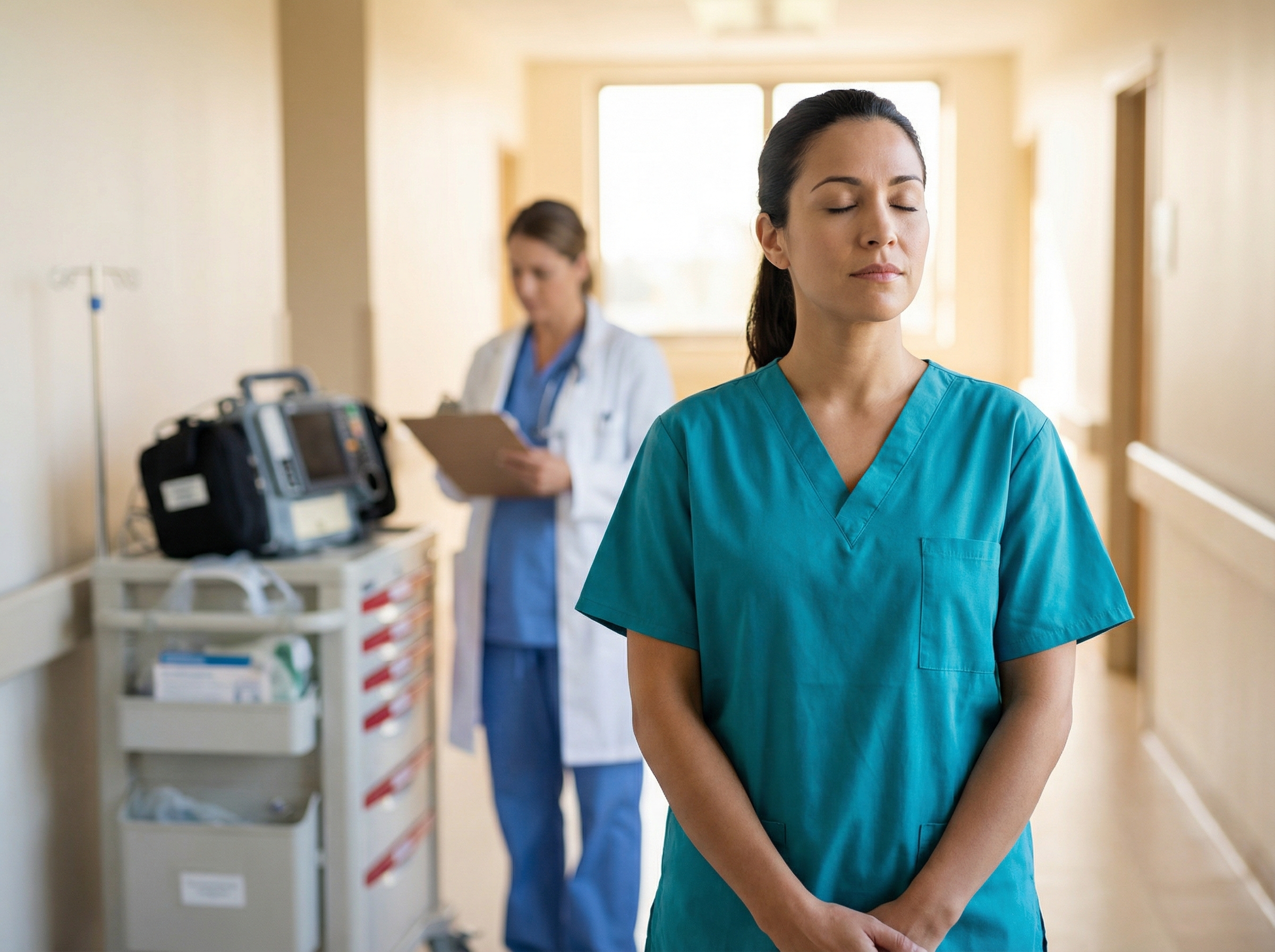 Healthcare professional practicing mental rehearsal and visualization before emergency response