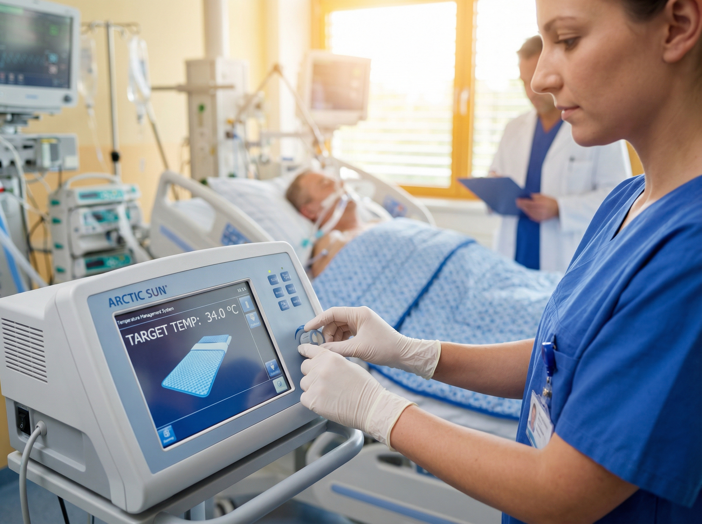 Healthcare professional managing targeted temperature therapy for post-cardiac arrest patient