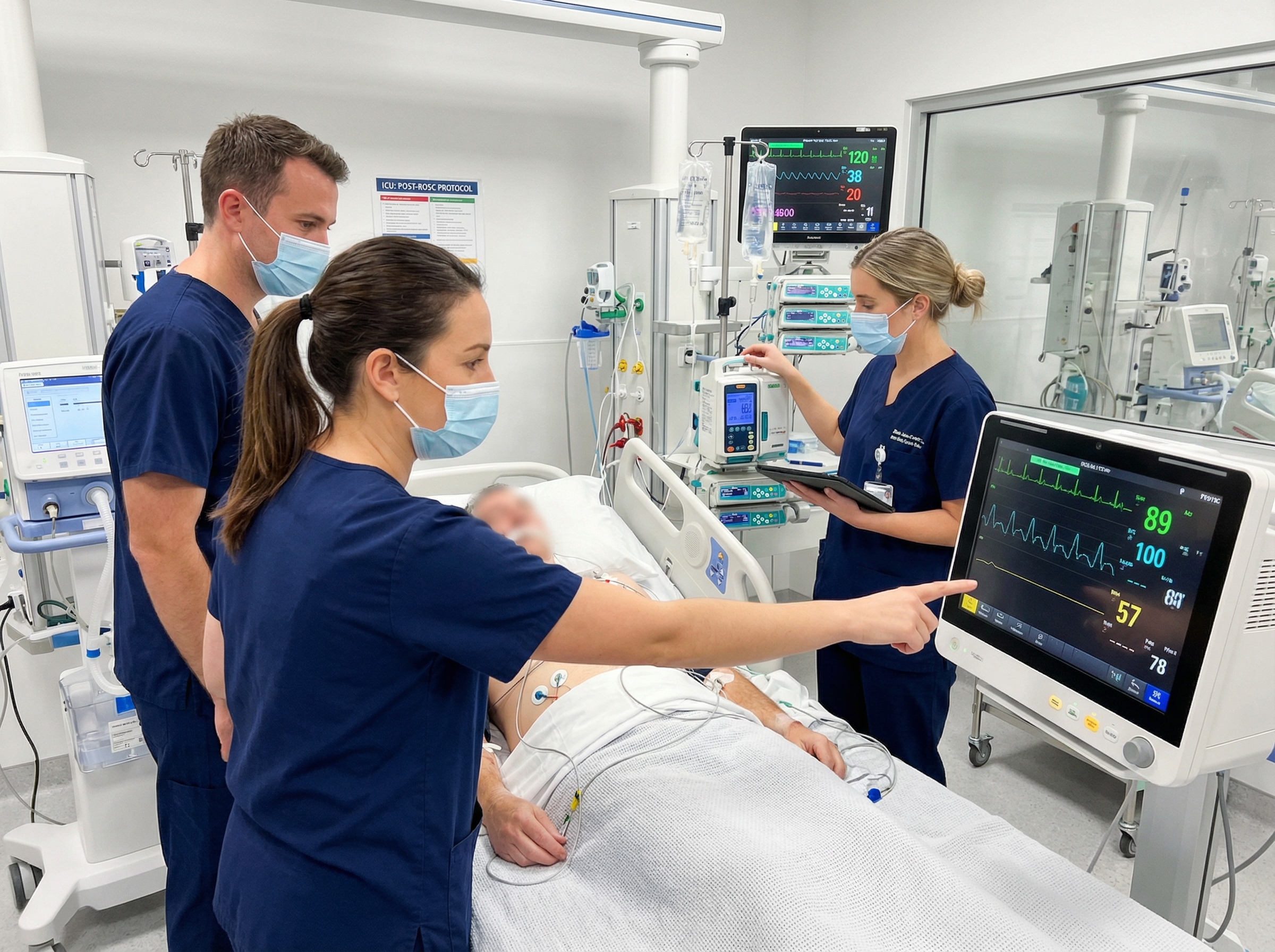 Medical team providing post-ROSC care to patient in ICU