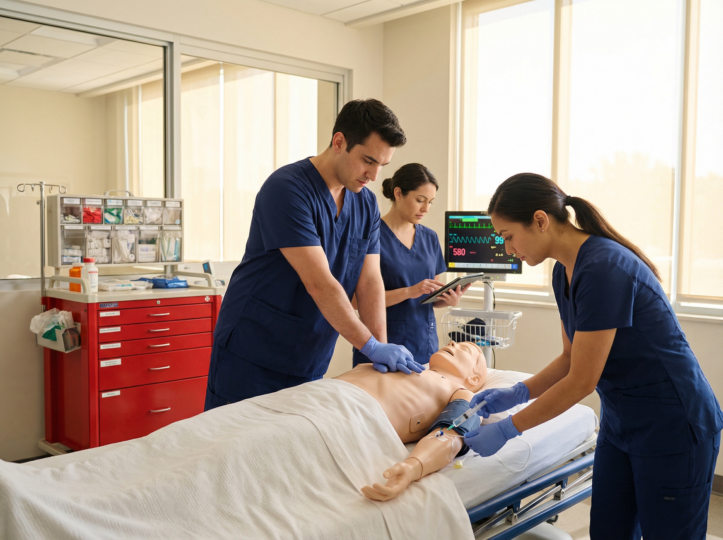 Healthcare team practicing coordinated ACLS medication administration during CPR