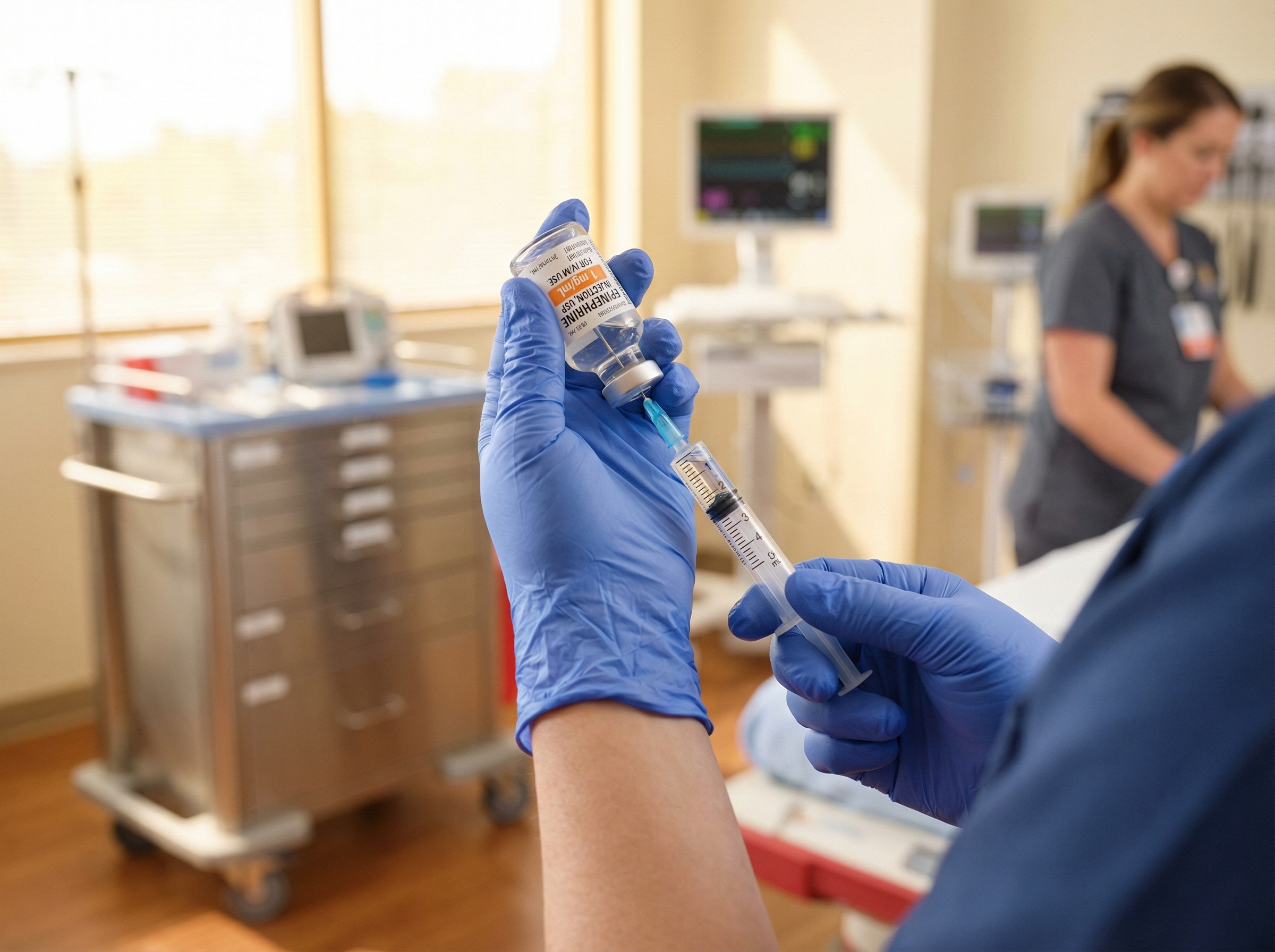 Medical professional preparing epinephrine dose for cardiac arrest administration