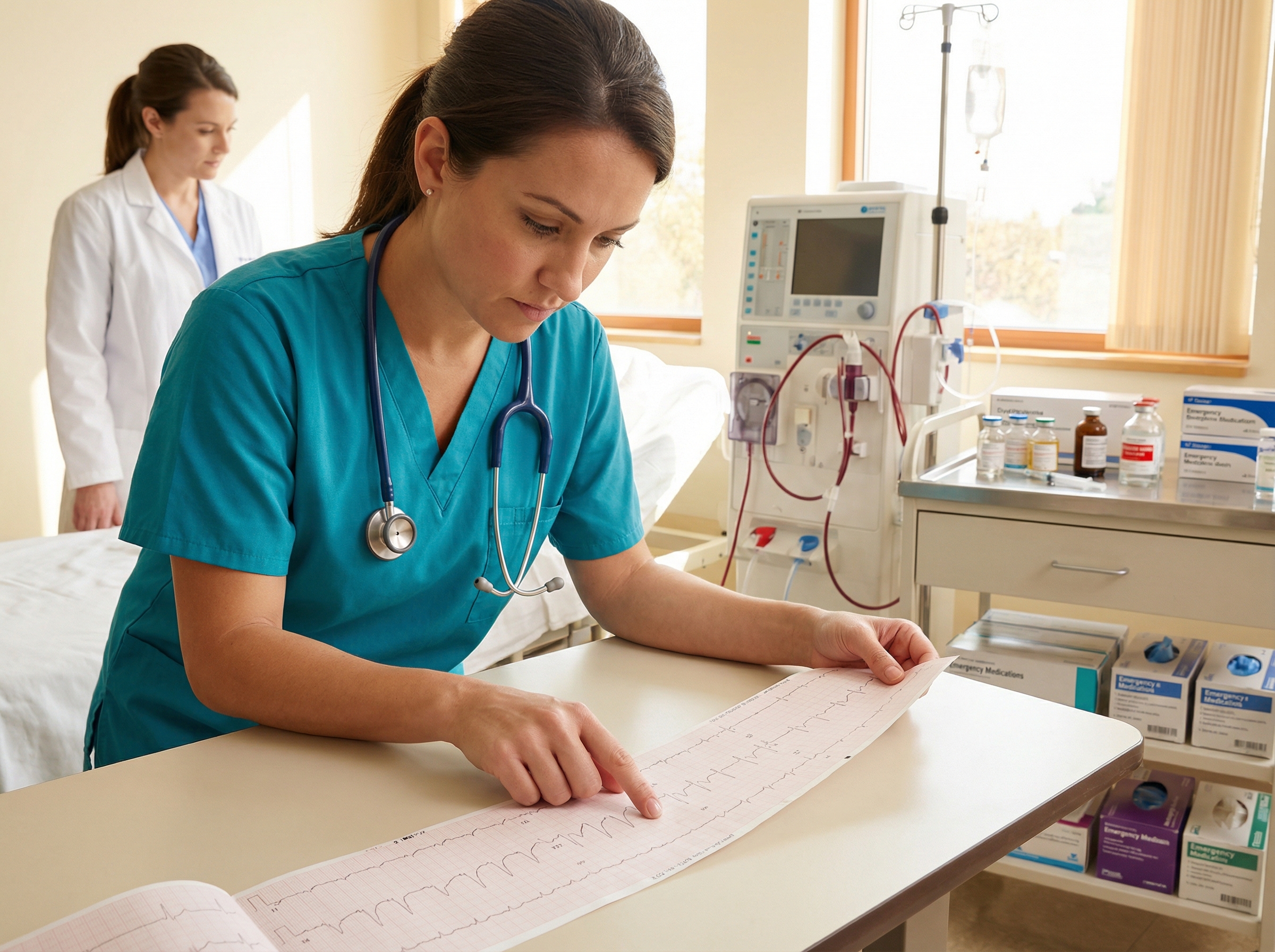 Nurse reviewing ECG for hyperkalemia in dialysis patient