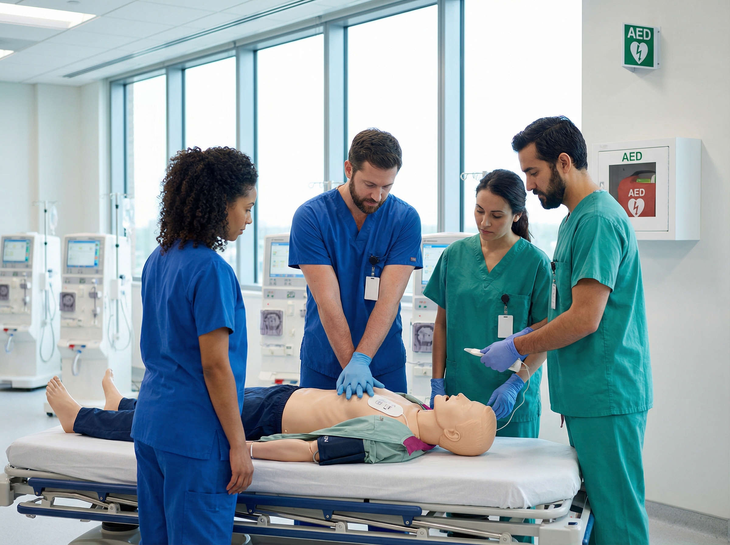 Healthcare team practicing emergency response in dialysis center