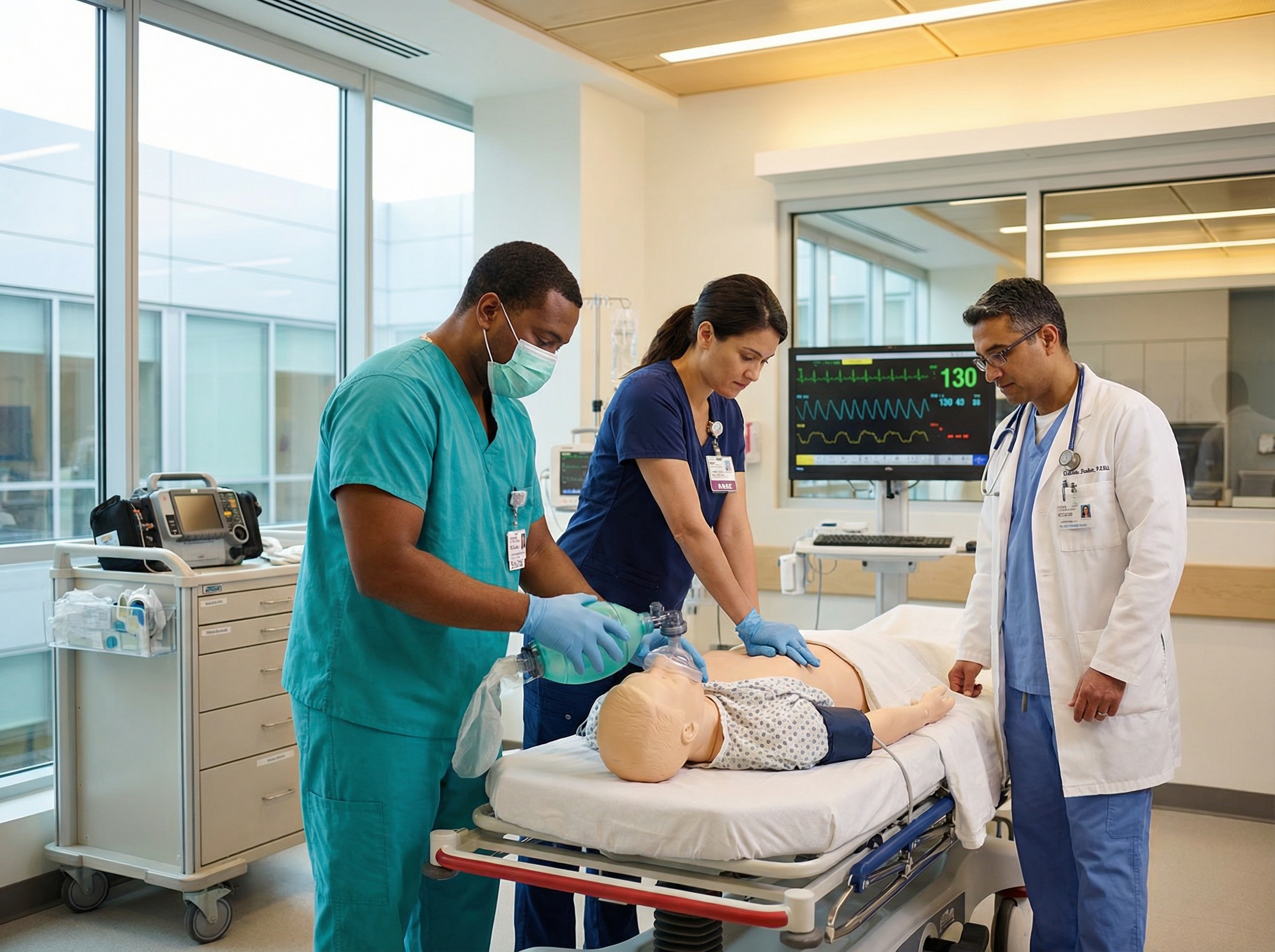 Respiratory therapist managing airway during cardiac arrest simulation