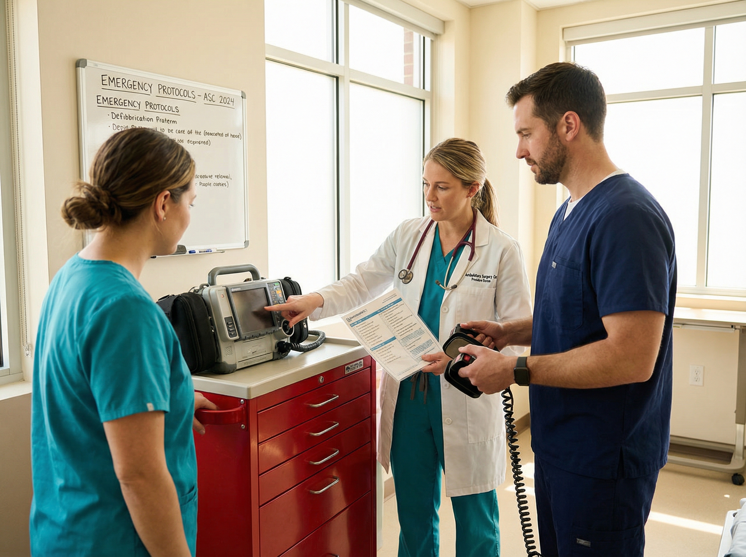 ASC medical team reviewing emergency resuscitation equipment and protocols