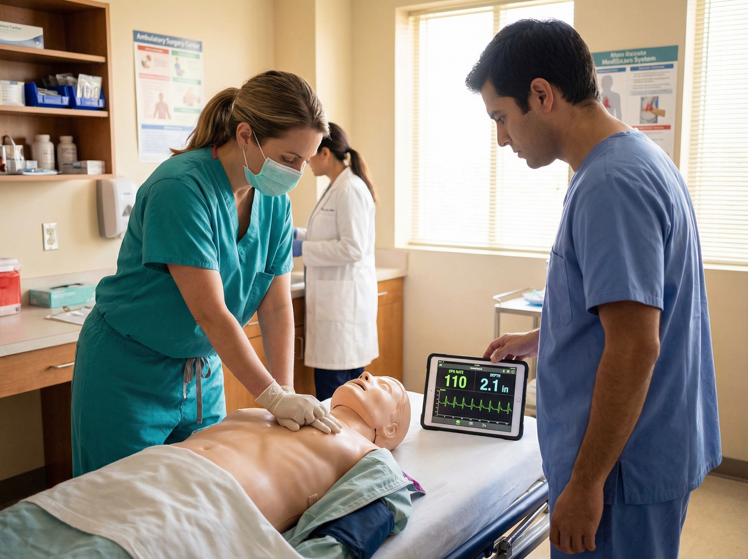 Medical provider practicing CPR technique with real-time feedback device on training mannequin