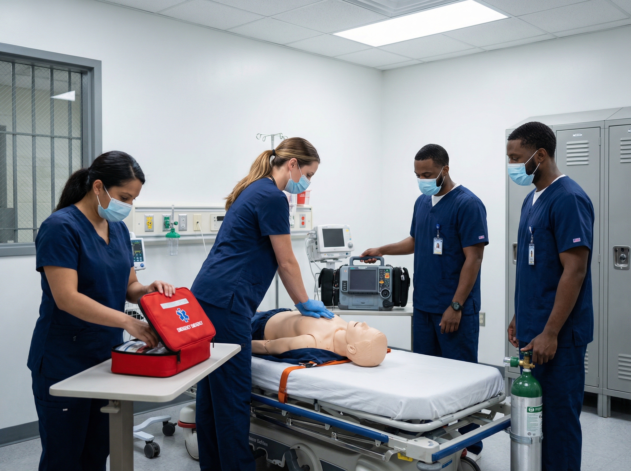 Correctional healthcare team practicing emergency response protocols