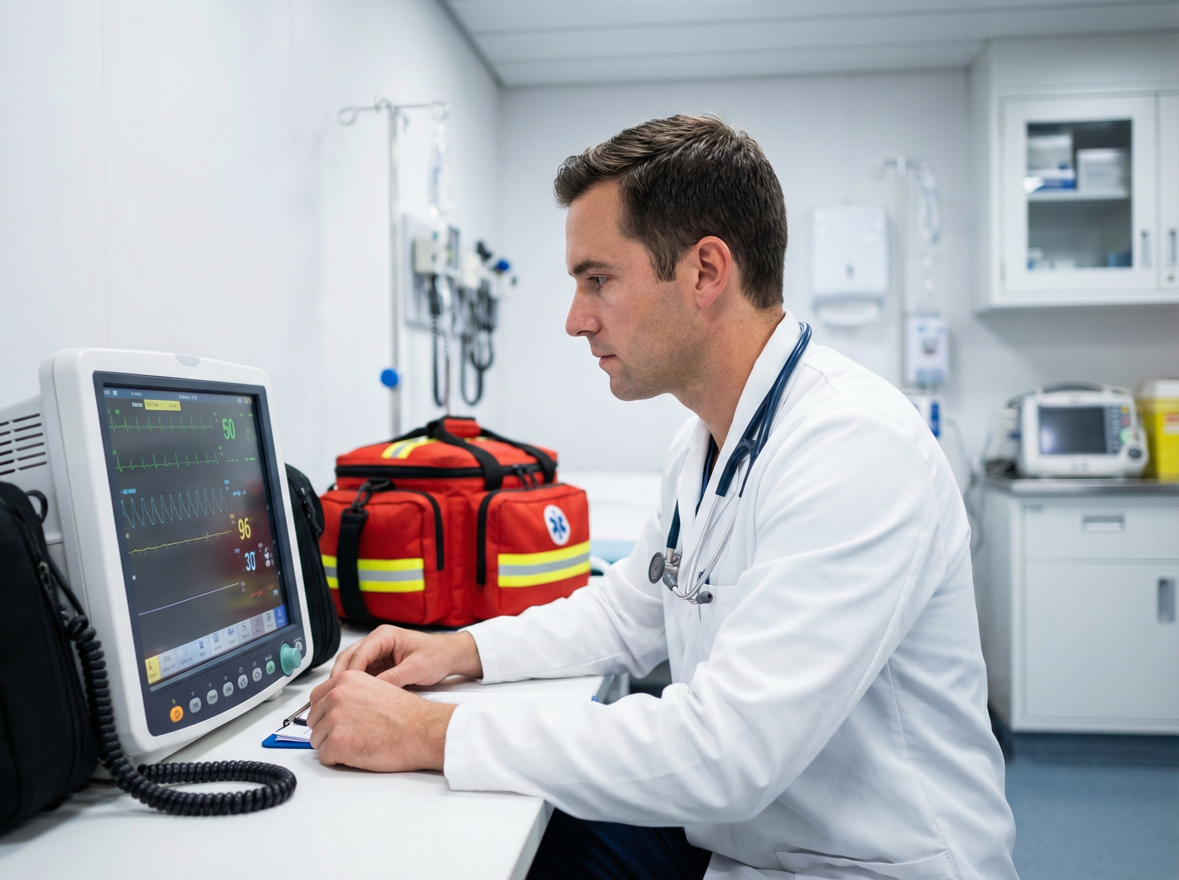 Cruise ship doctor reviewing cardiac monitoring equipment in shipboard medical center
