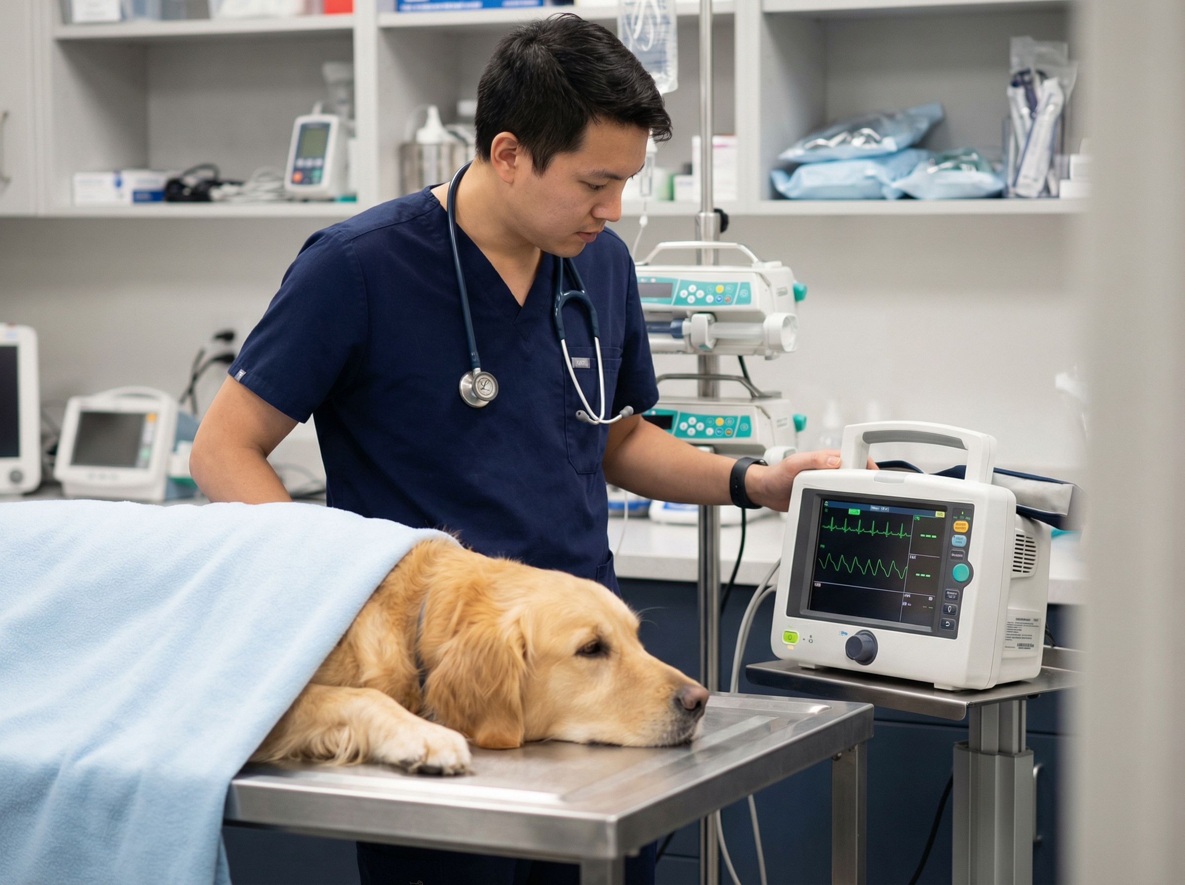 Veterinary technician monitoring patient ECG in emergency clinic
