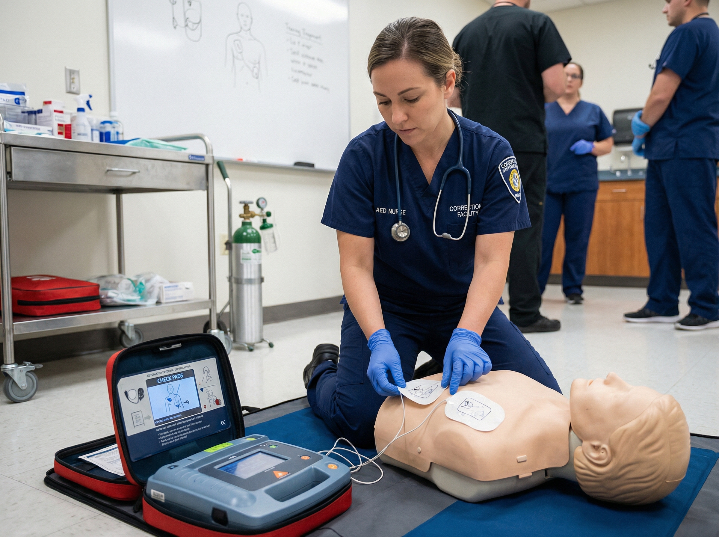 Correctional nurse demonstrating AED use during emergency training