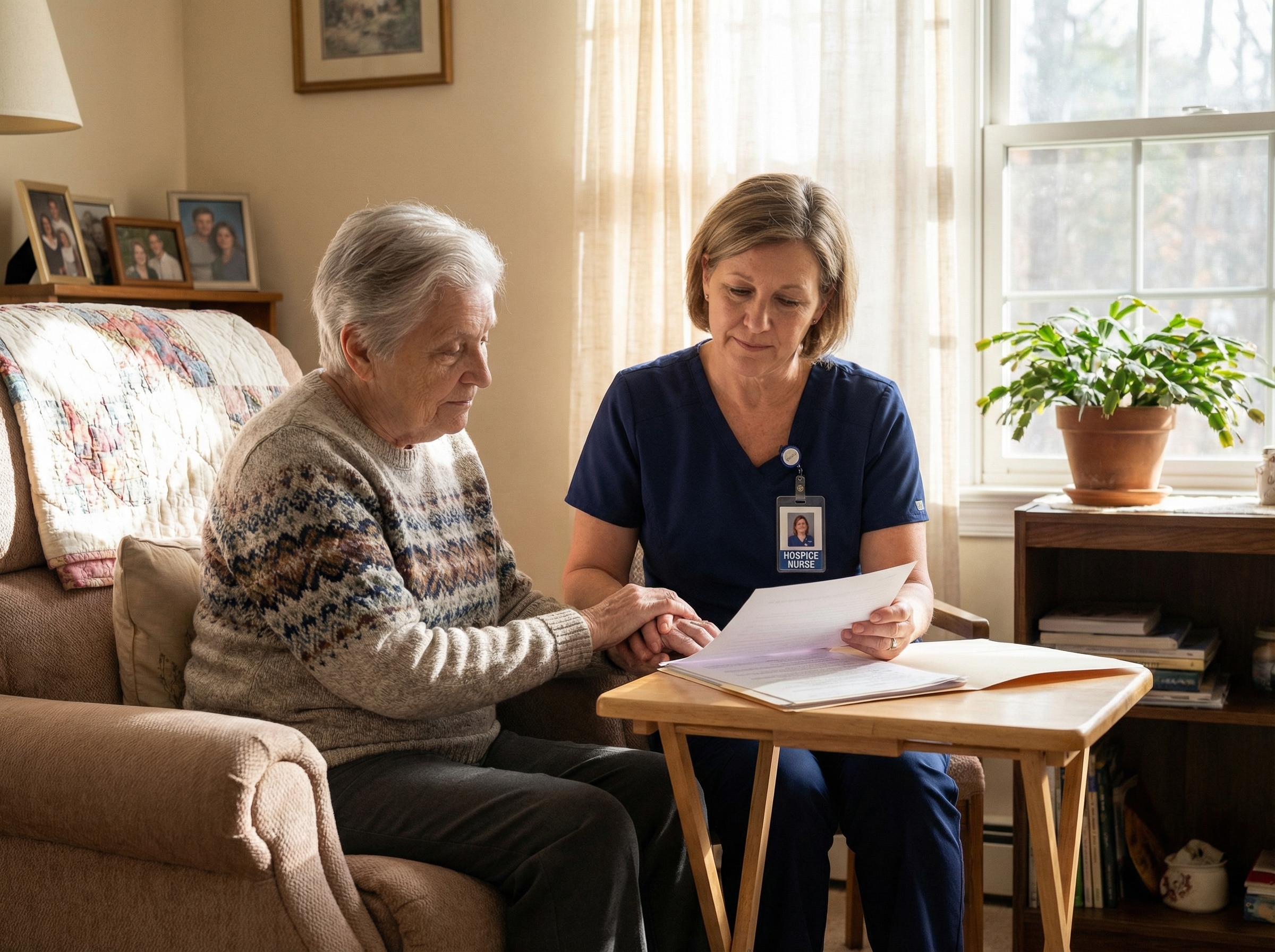 Hospice nurse providing compassionate care to elderly patient
