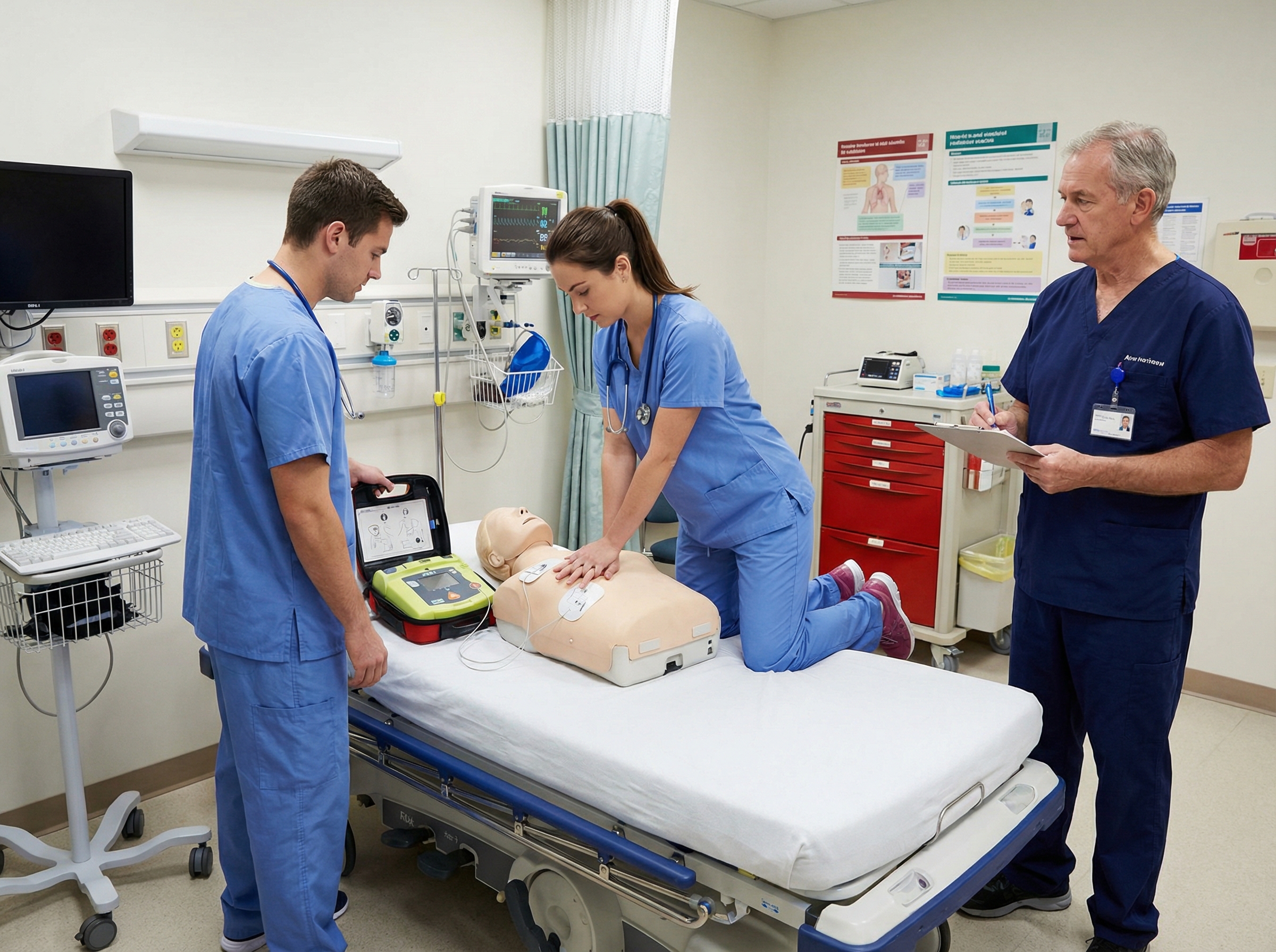 ACLS training team practicing cardiac arrest algorithms with mannequin