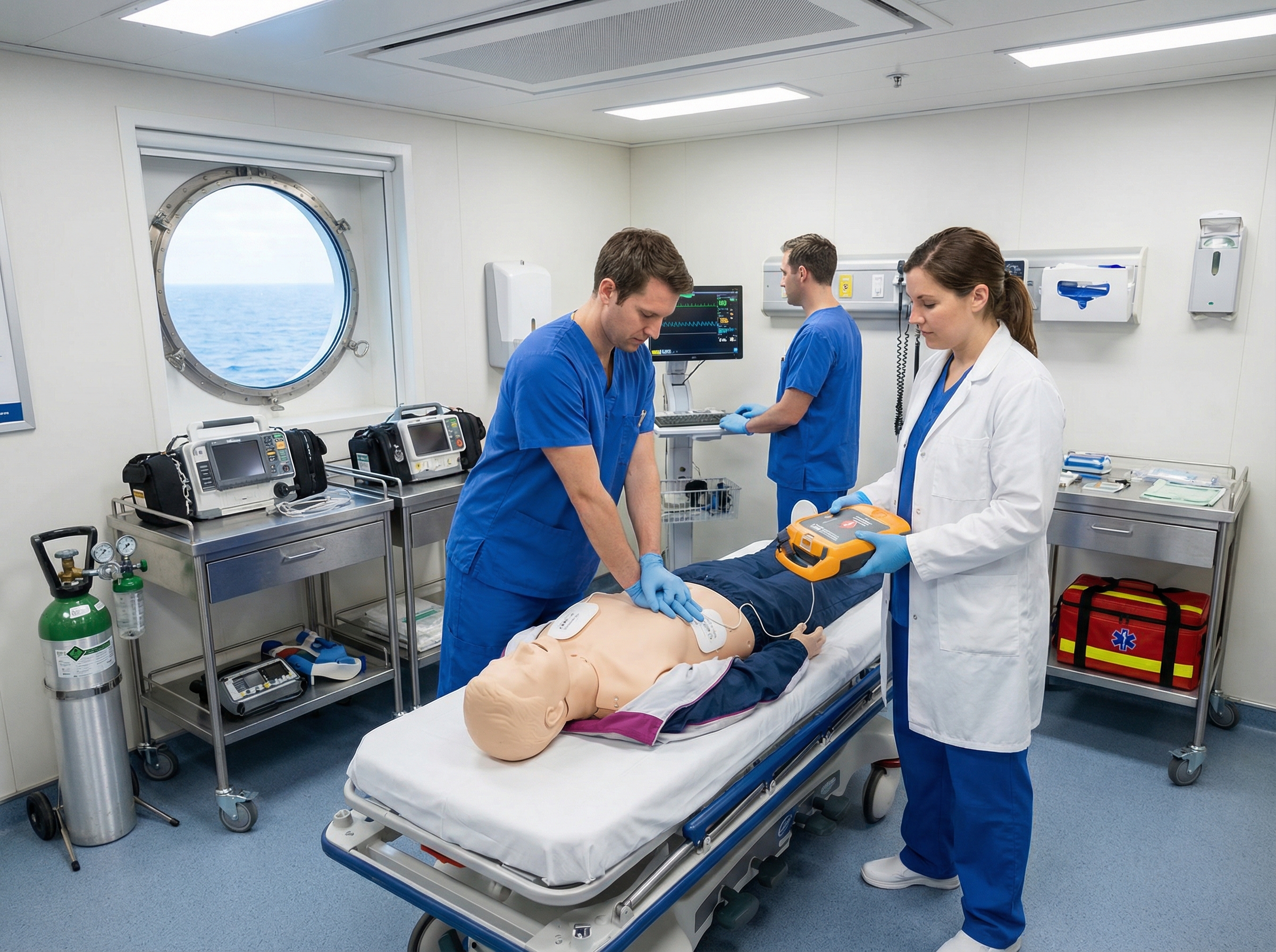 Cruise ship medical team practicing cardiac arrest response and CPR techniques