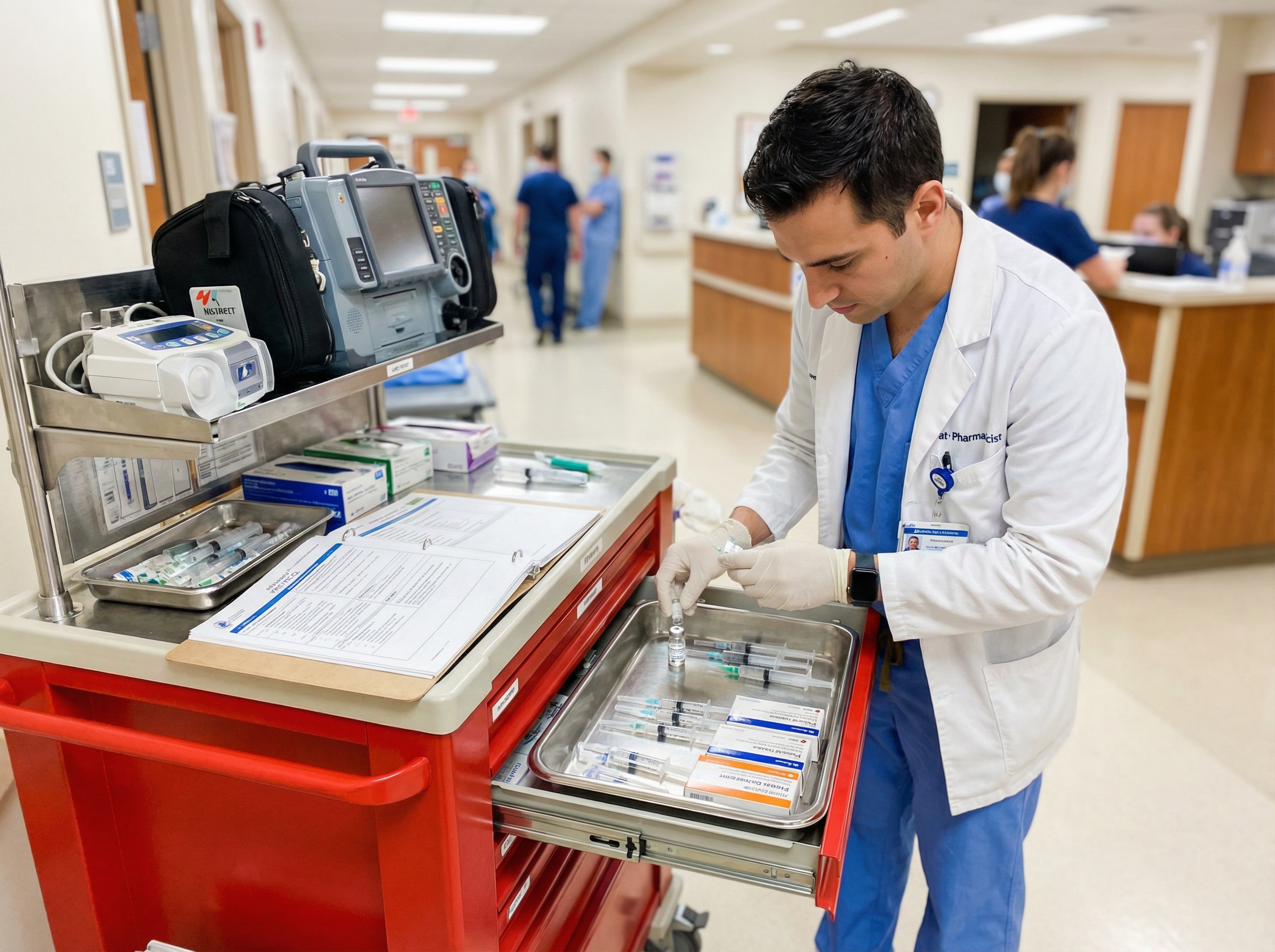 Pharmacist preparing emergency medications during code response