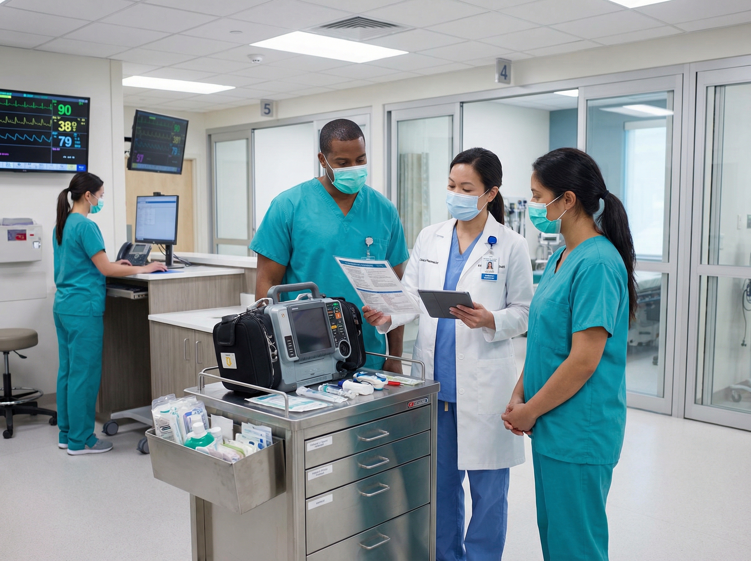 Clinical pharmacist collaborating with code team in emergency department