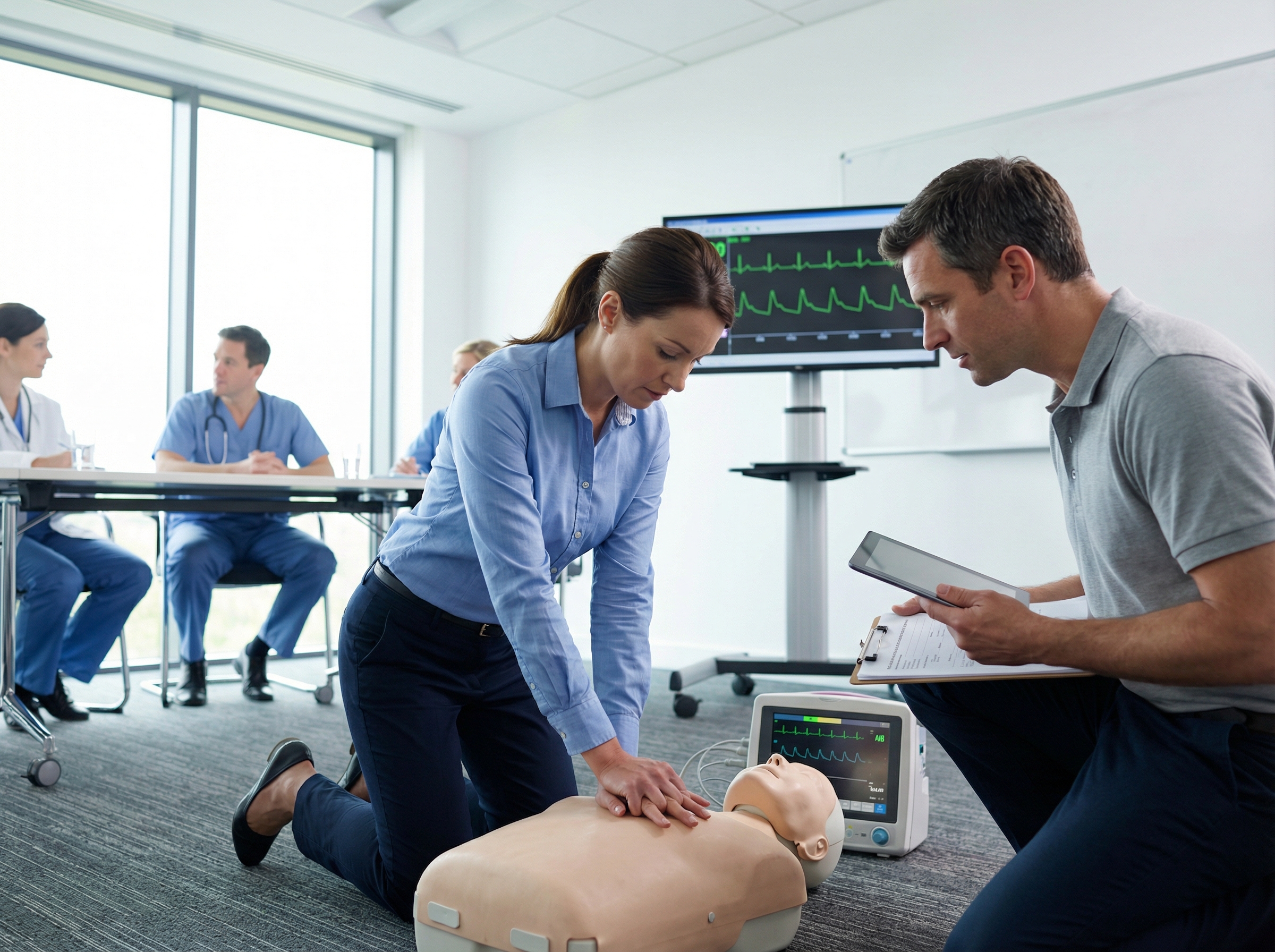 Crisis team member practicing CPR compressions on training mannequin