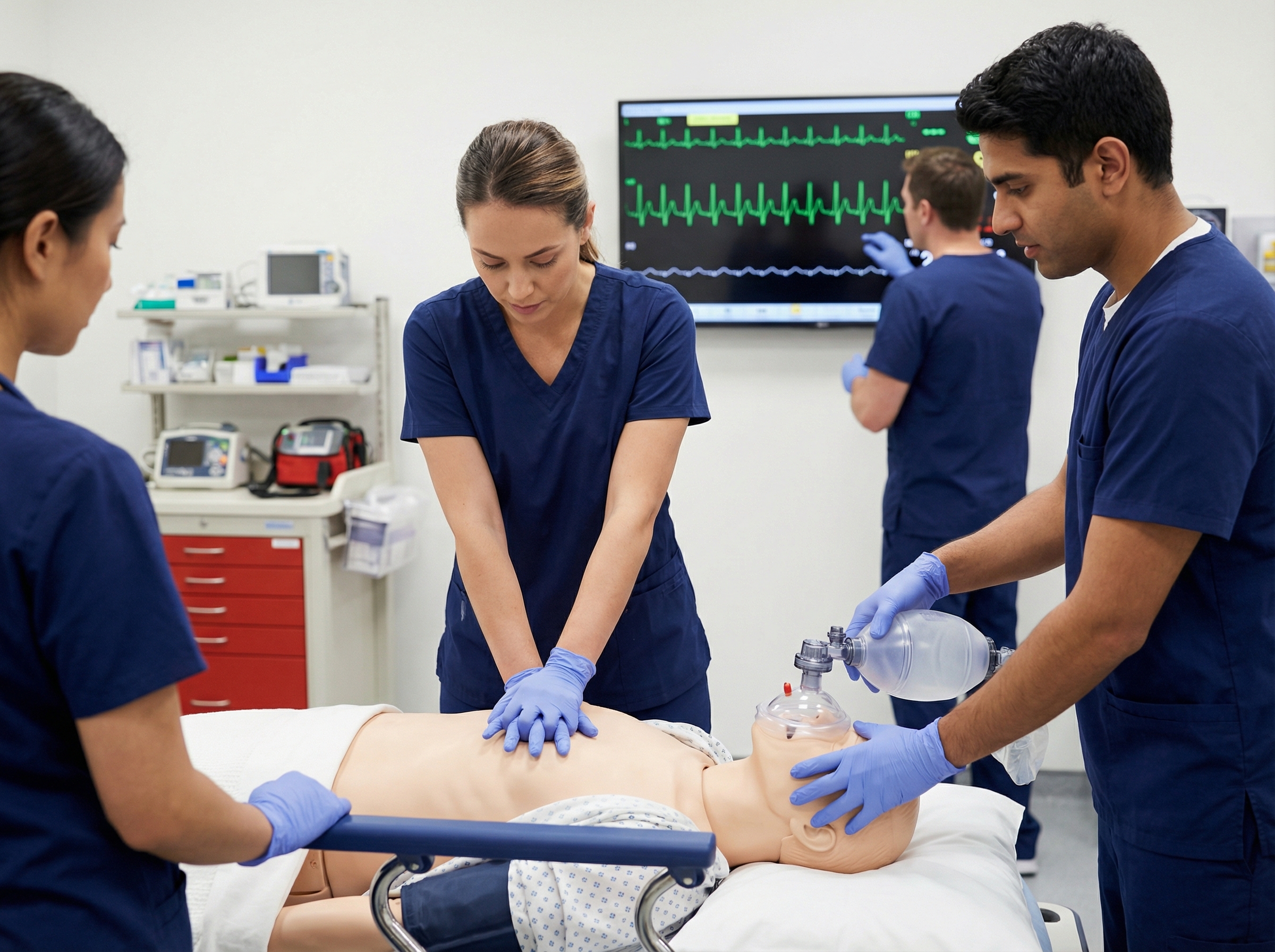 Emergency medicine team practicing ACLS resuscitation techniques