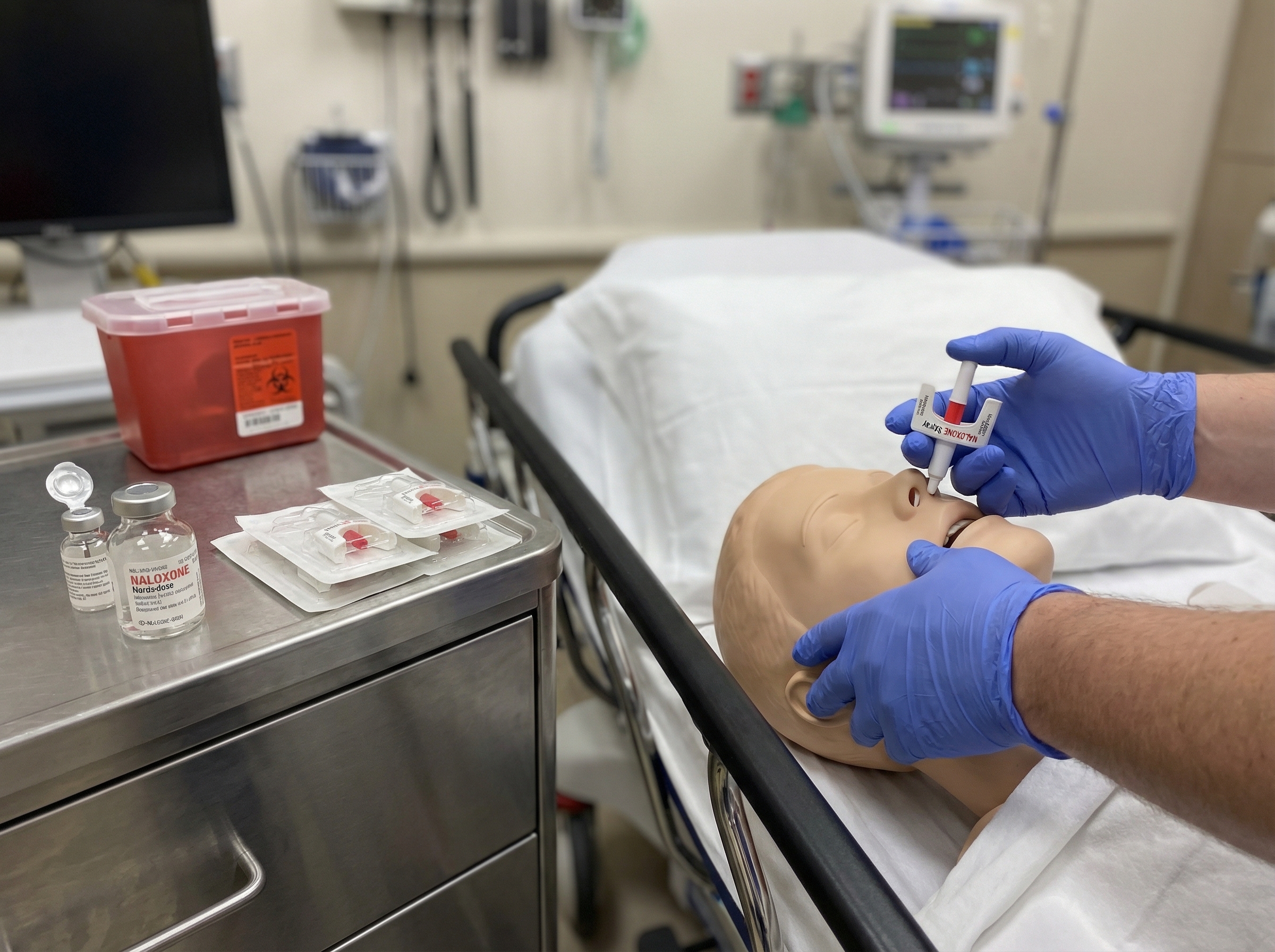 Healthcare provider administering intranasal naloxone during overdose response
