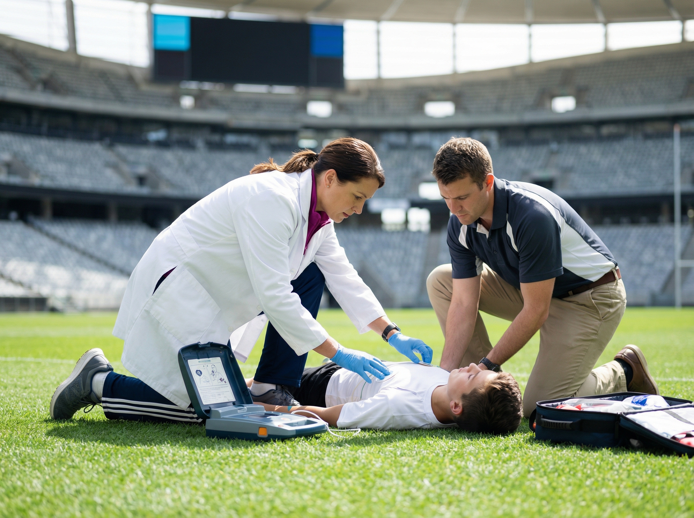 Sports medicine physician performing emergency response with AED on athletic field