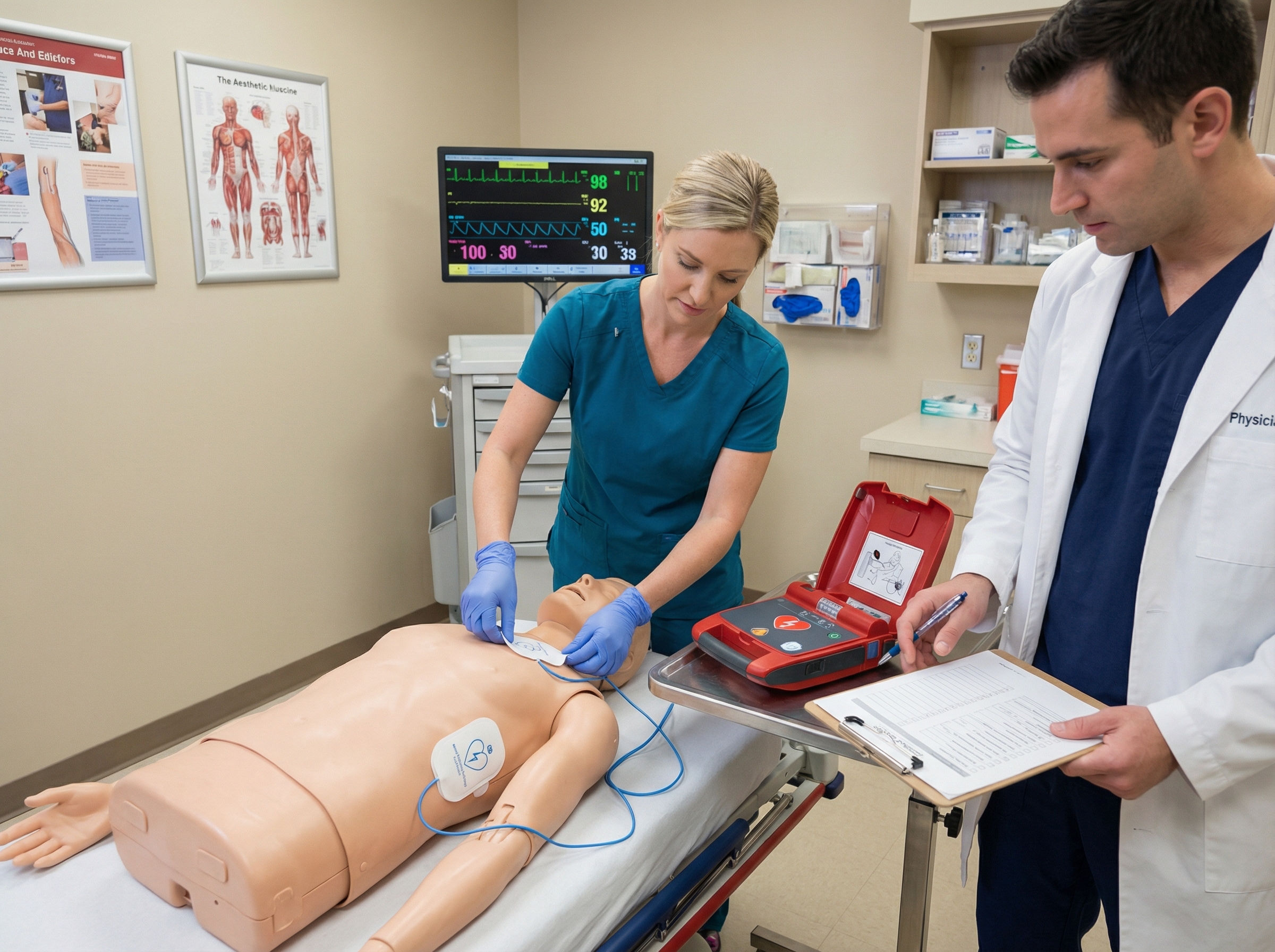 Aesthetic provider demonstrating AED use during BLS training