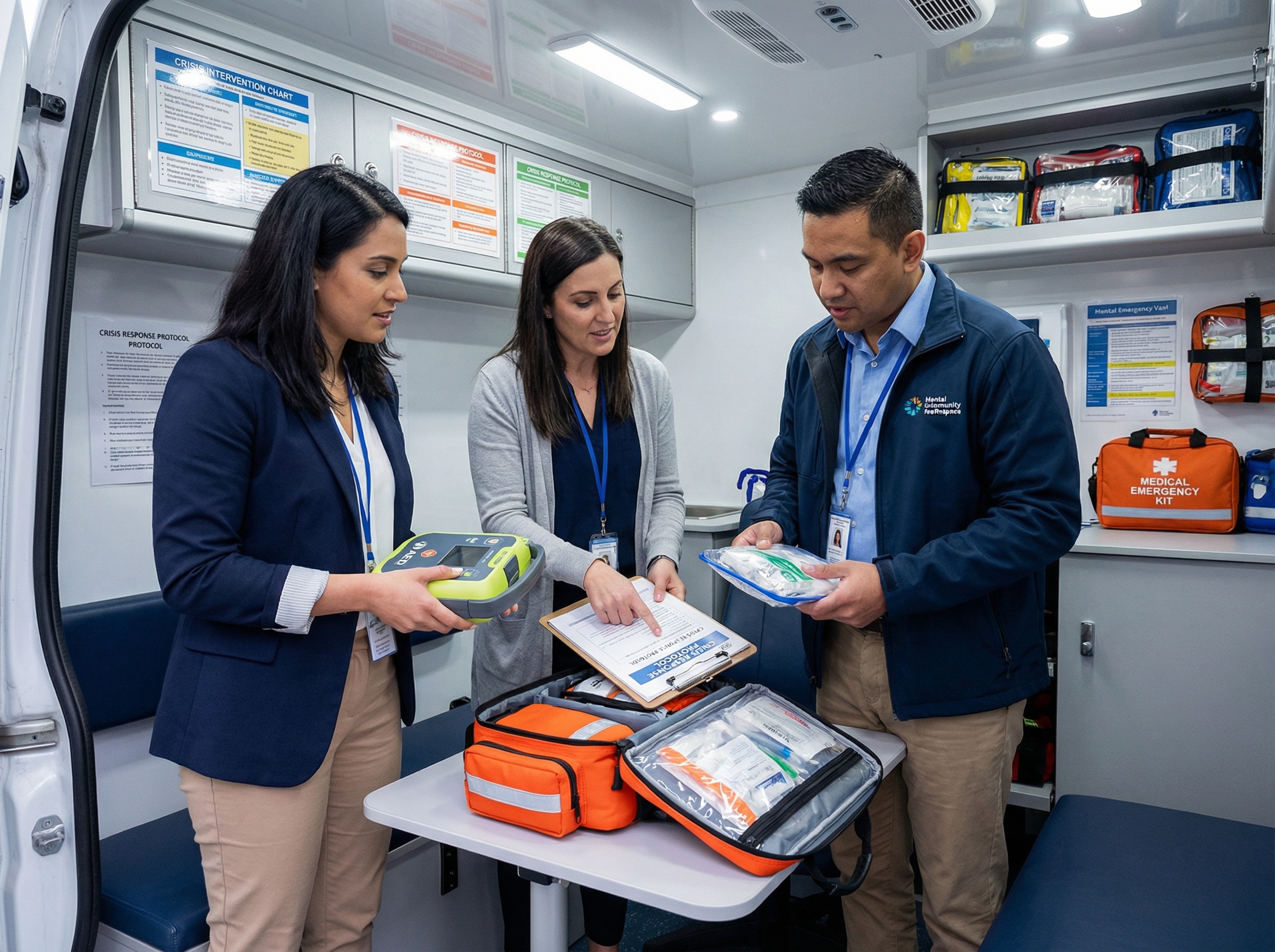 Mental health crisis team reviewing emergency medical equipment and AED