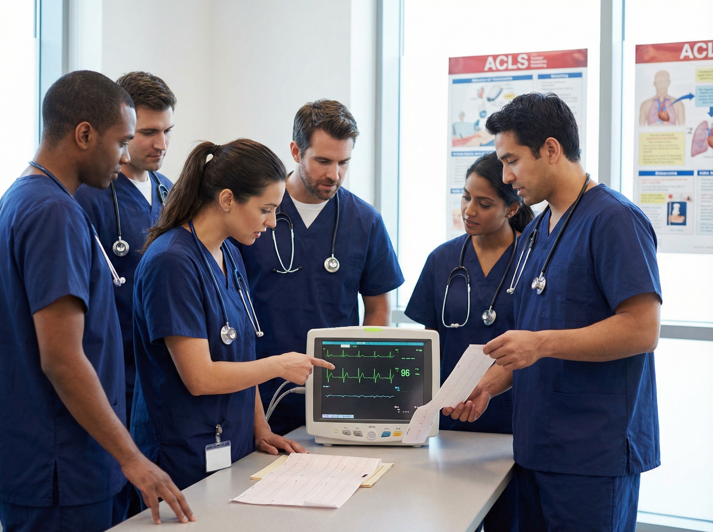 Healthcare team reviewing cardiac rhythms and ACLS protocols during training