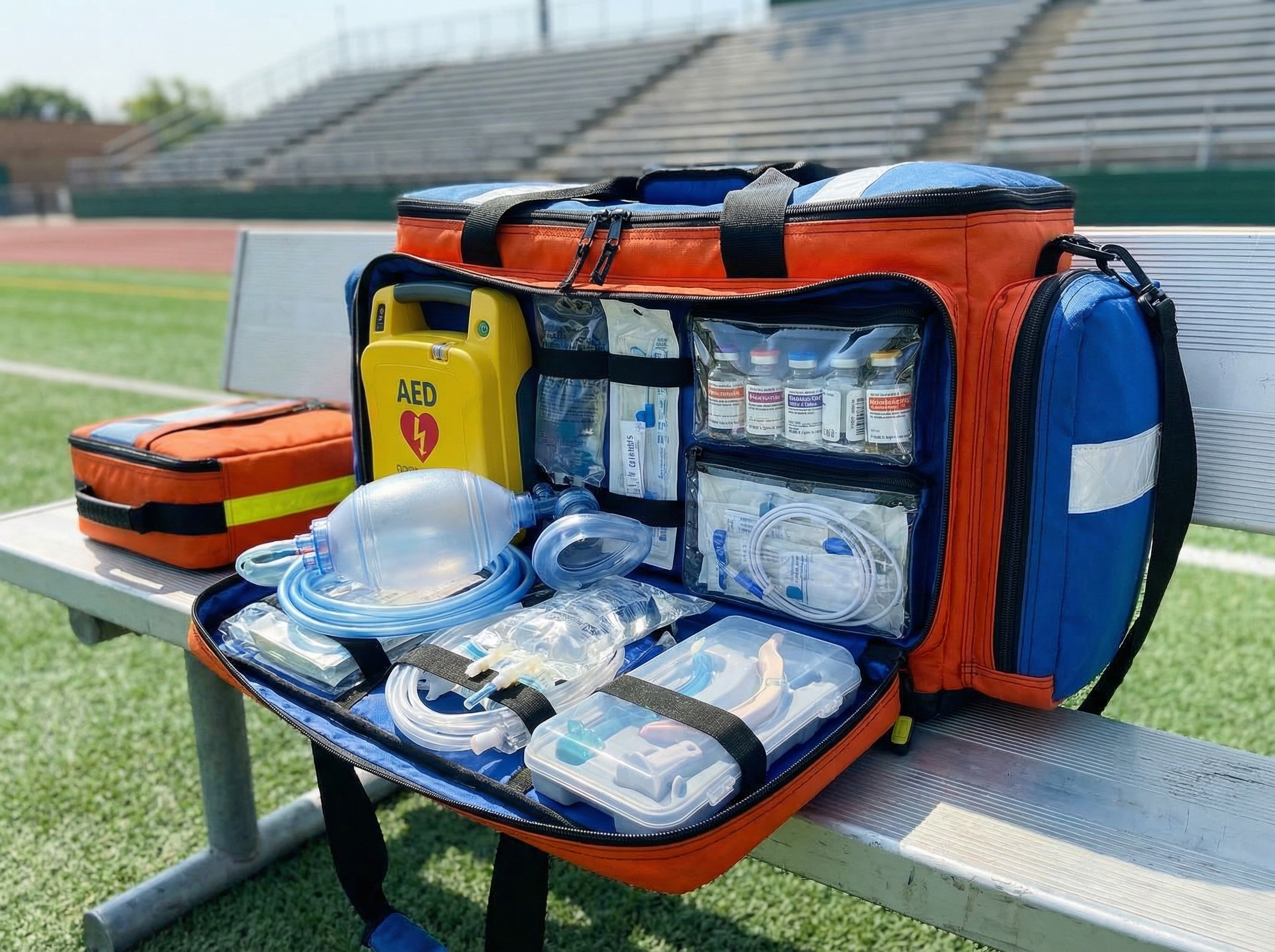 Comprehensive emergency medical equipment for sideline athletic coverage