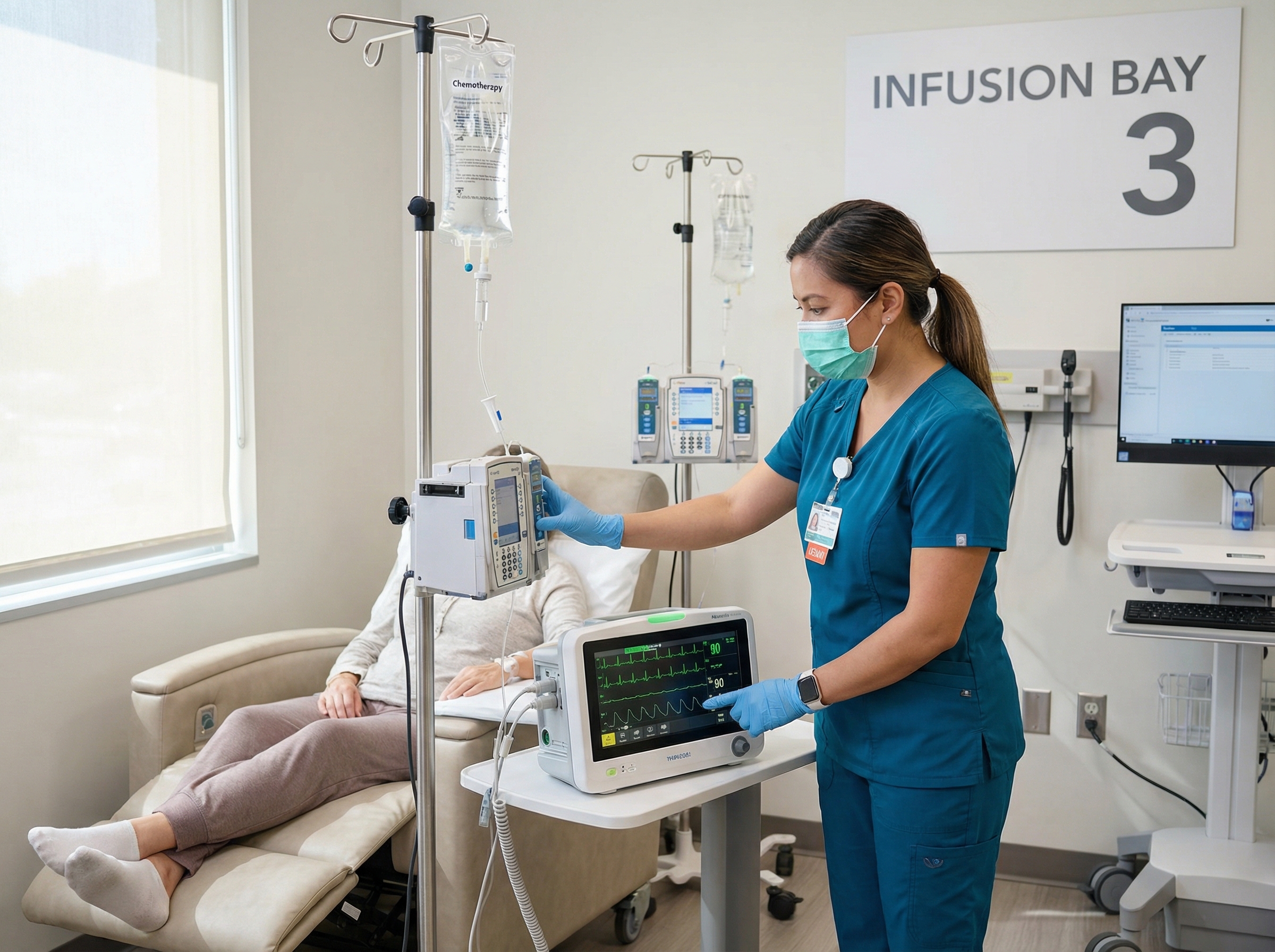 Infusion center nurse monitoring patient during chemotherapy administration with cardiac monitoring