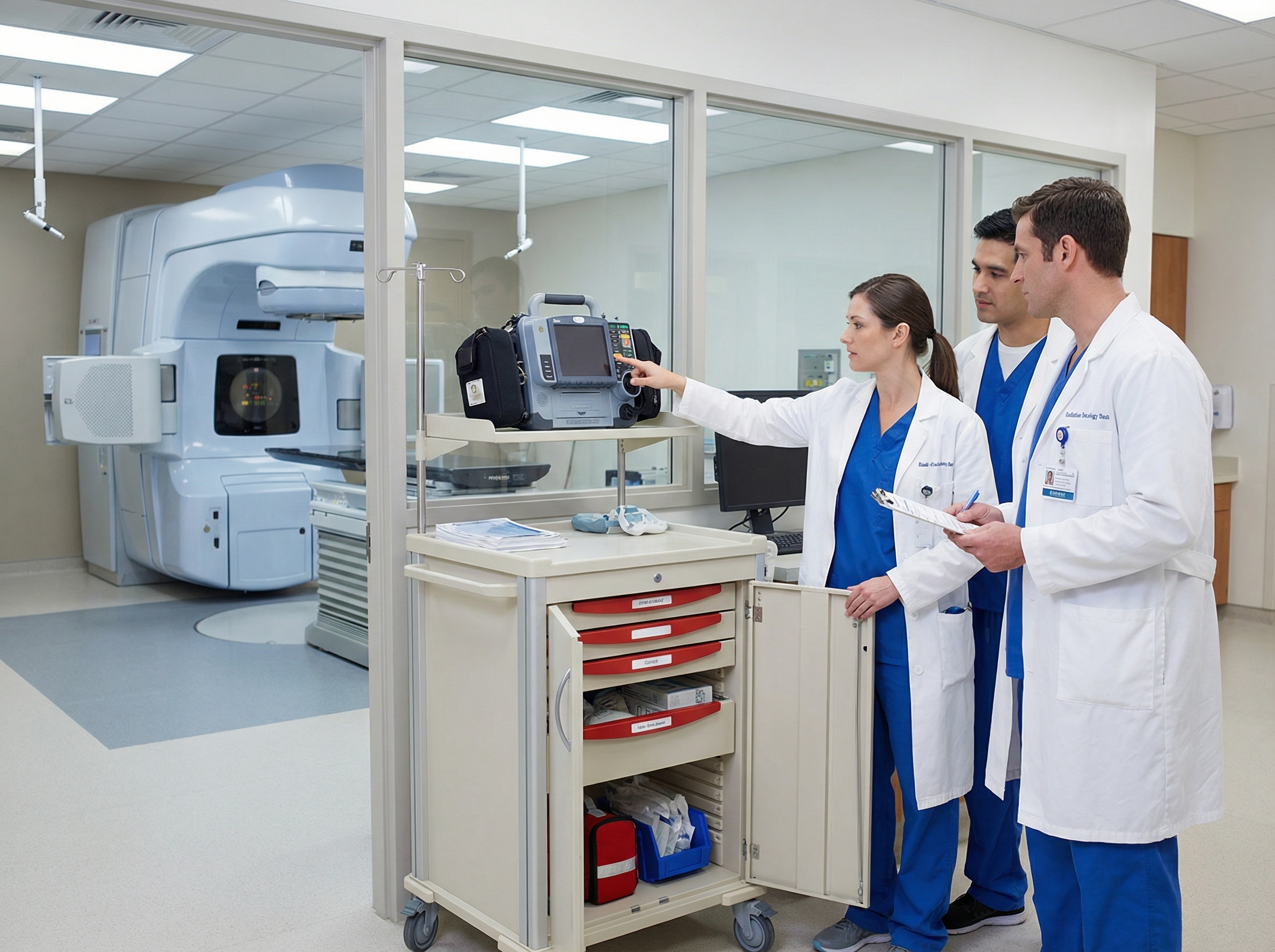 Healthcare professionals in radiation oncology department preparing emergency response equipment