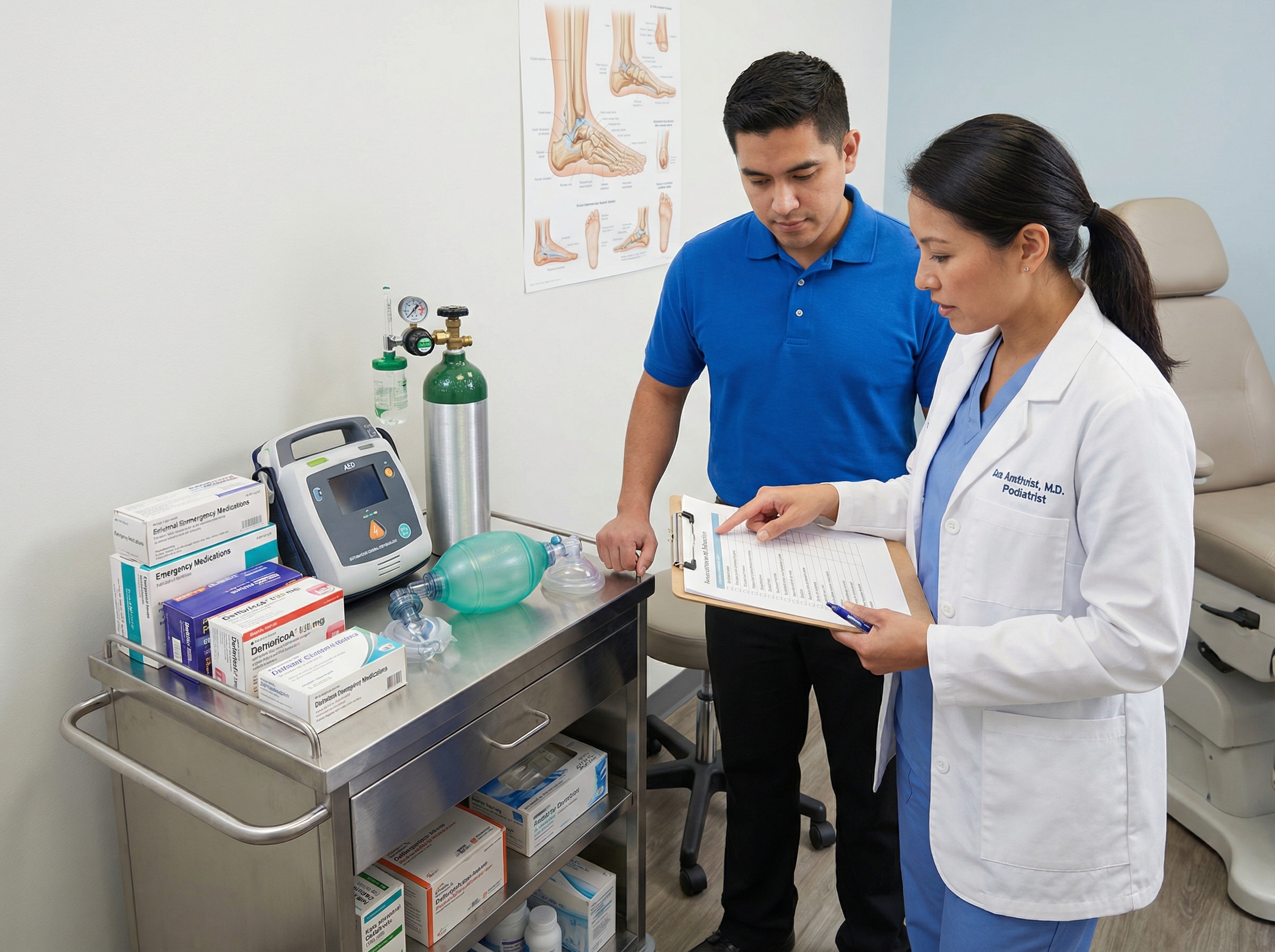 Emergency medical equipment and crash cart in podiatry clinic