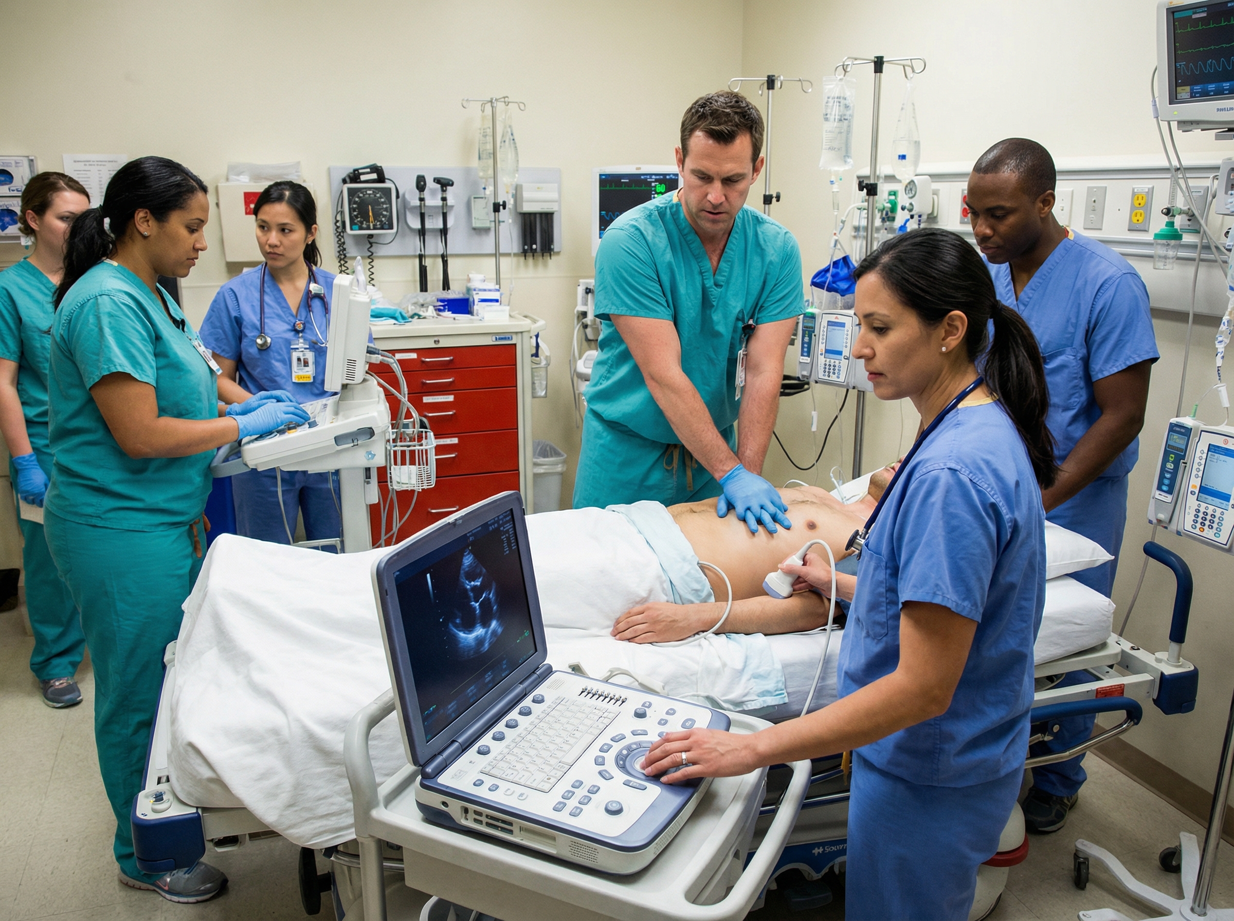 Resuscitation team integrating POCUS into active cardiac arrest management with CPR ongoing